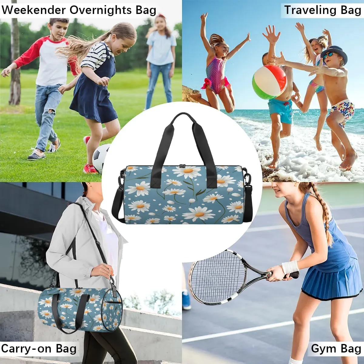 Gym Bags for Men Women Daisy Floral Print Sports Duffel Bags Carry On Travel Duffle Bag with Detachable Adjustable Shoulder Strap Overnight Weekender Bag
