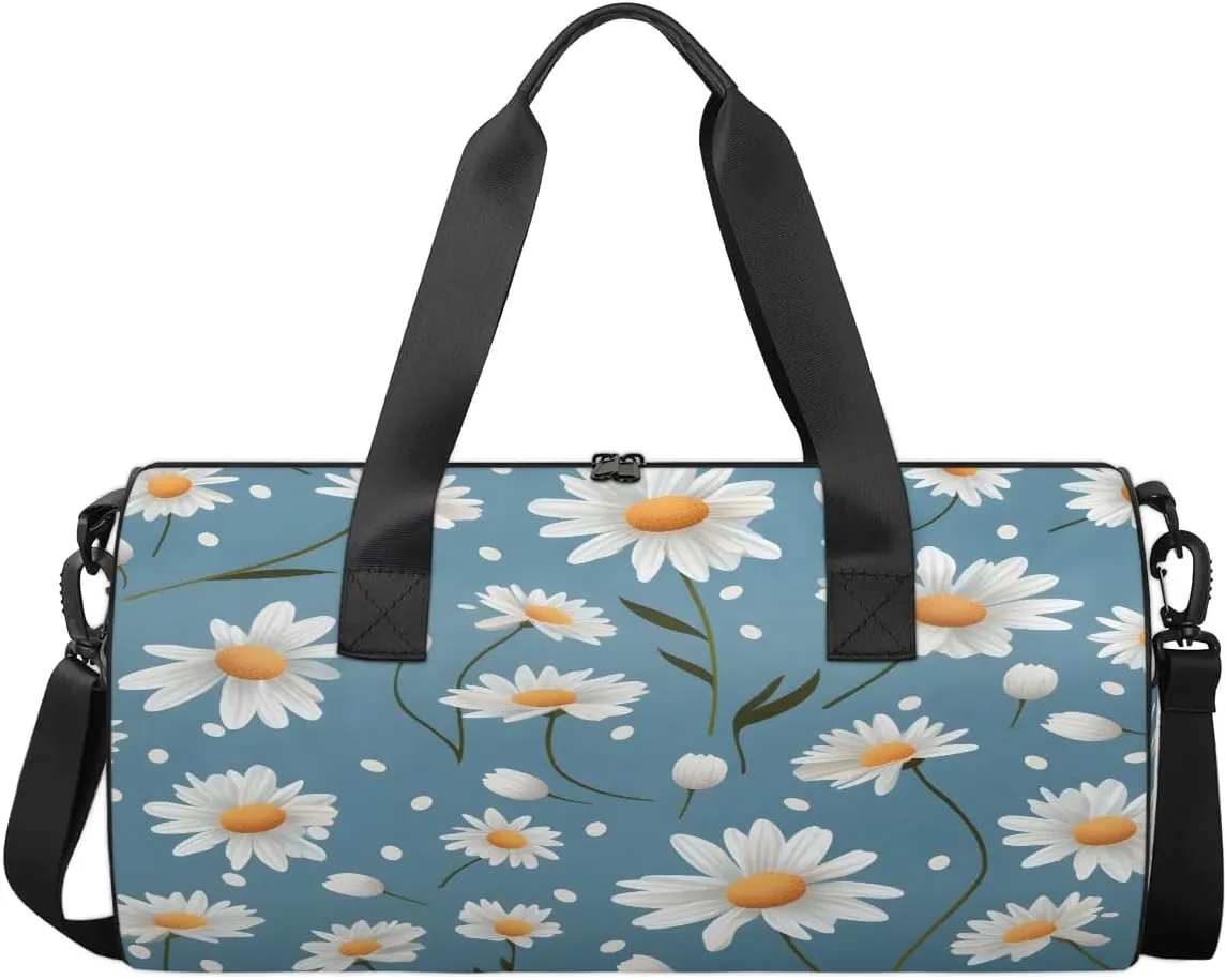 Gym Bags for Men Women Daisy Floral Print Sports Duffel Bags Carry On Travel Duffle Bag with Detachable Adjustable Shoulder Strap Overnight Weekender Bag