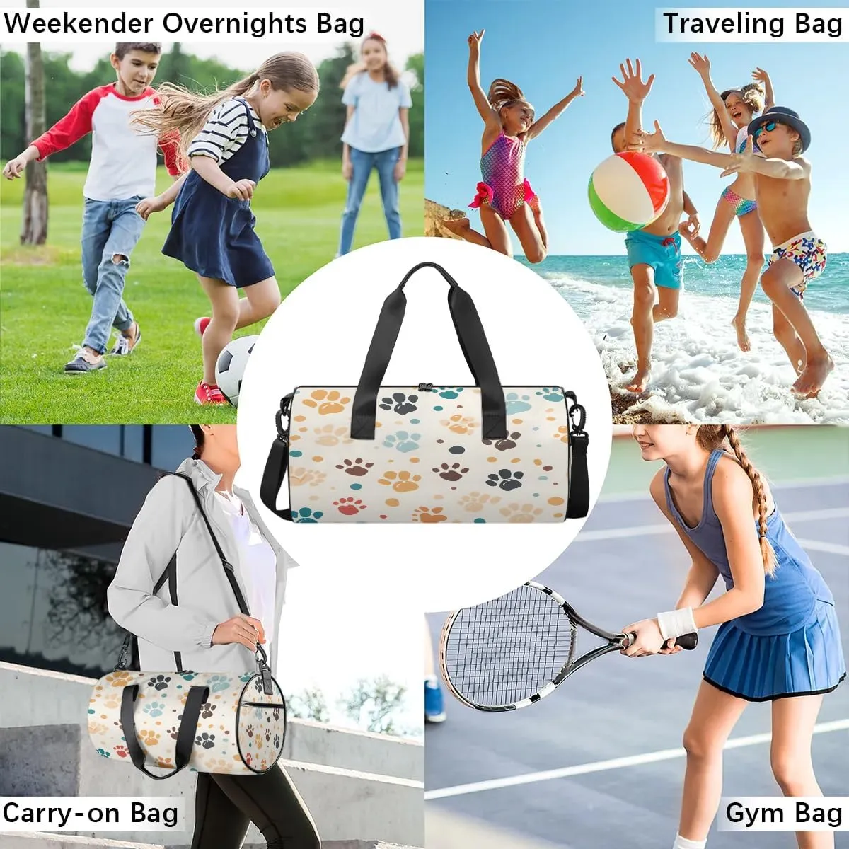 Gym Bags for Men Women Dog Paw Sports Duffel Bags Carry On Travel Duffle Bag with Detachable Adjustable Shoulder Strap Overnight Weekender Bag