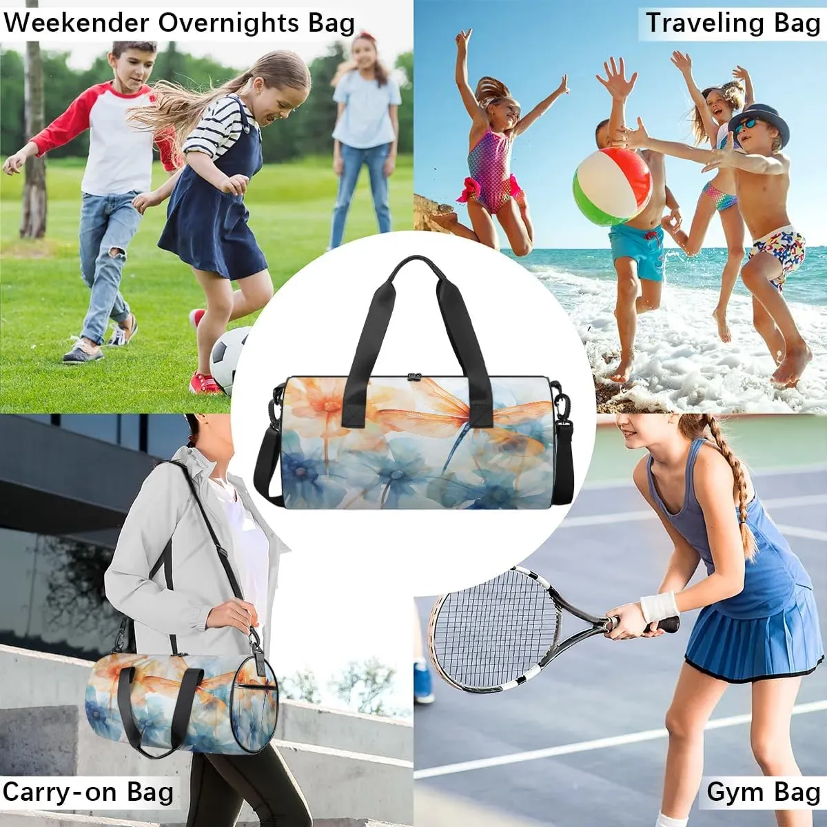 Gym Bags for Men Women Dragonfly Floral Flower Sports Duffel Bags Carry On Travel Duffle Bag with Detachable Adjustable Shoulder Strap Overnight Weekender Bag