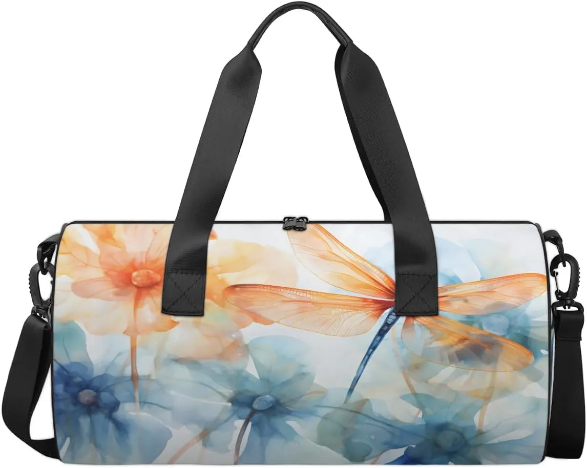 Gym Bags for Men Women Dragonfly Floral Flower Sports Duffel Bags Carry On Travel Duffle Bag with Detachable Adjustable Shoulder Strap Overnight Weekender Bag