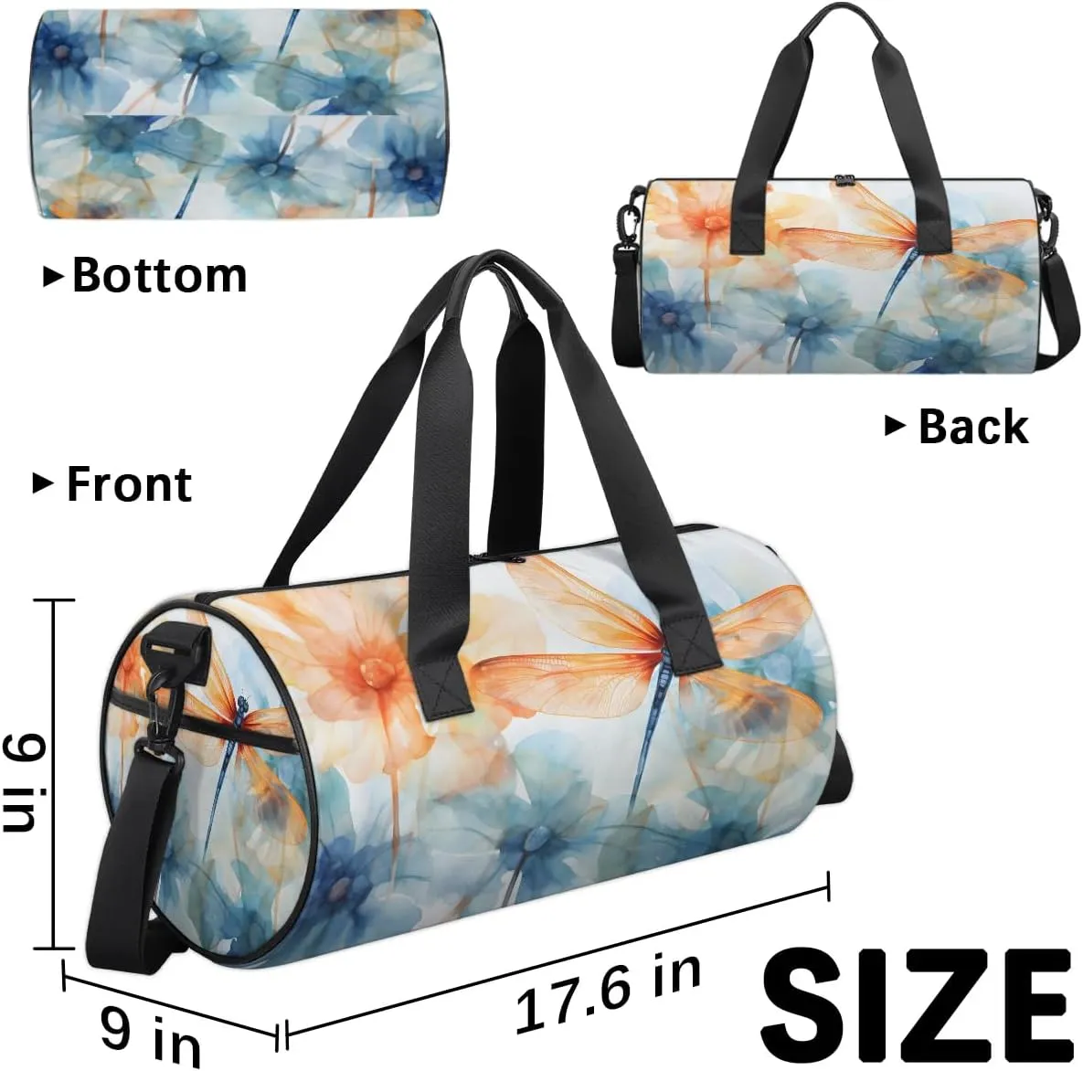 Gym Bags for Men Women Dragonfly Floral Flower Sports Duffel Bags Carry On Travel Duffle Bag with Detachable Adjustable Shoulder Strap Overnight Weekender Bag