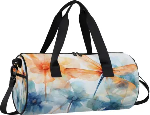 Gym Bags for Men Women Dragonfly Floral Flower Sports Duffel Bags Carry On Travel Duffle Bag with Detachable Adjustable Shoulder Strap Overnight Weekender Bag