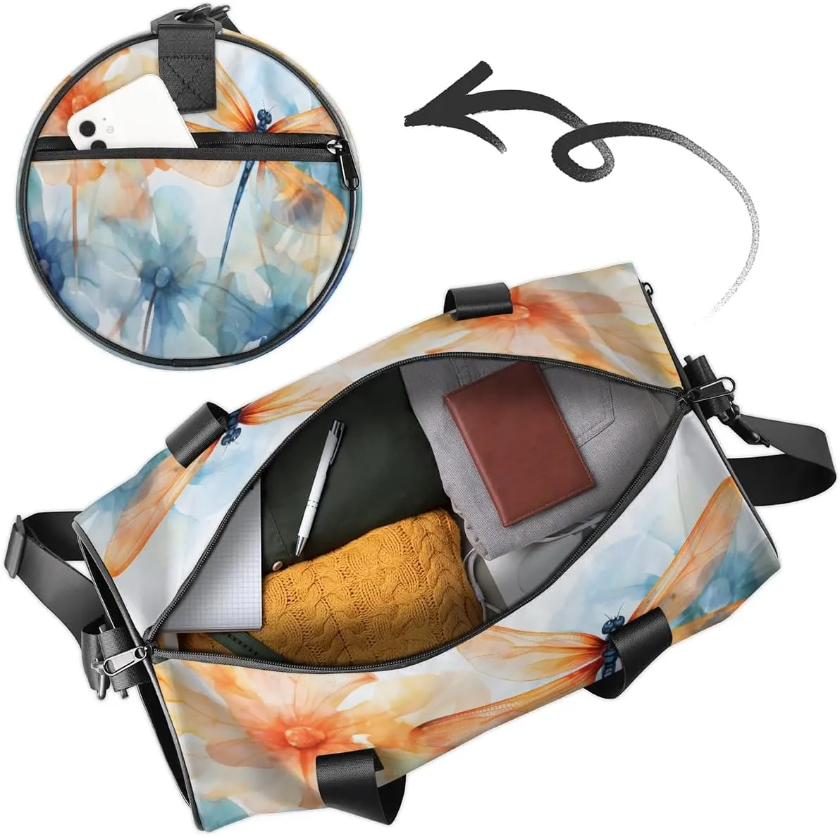 Gym Bags for Men Women Dragonfly Floral Flower Sports Duffel Bags Carry On Travel Duffle Bag with Detachable Adjustable Shoulder Strap Overnight Weekender Bag