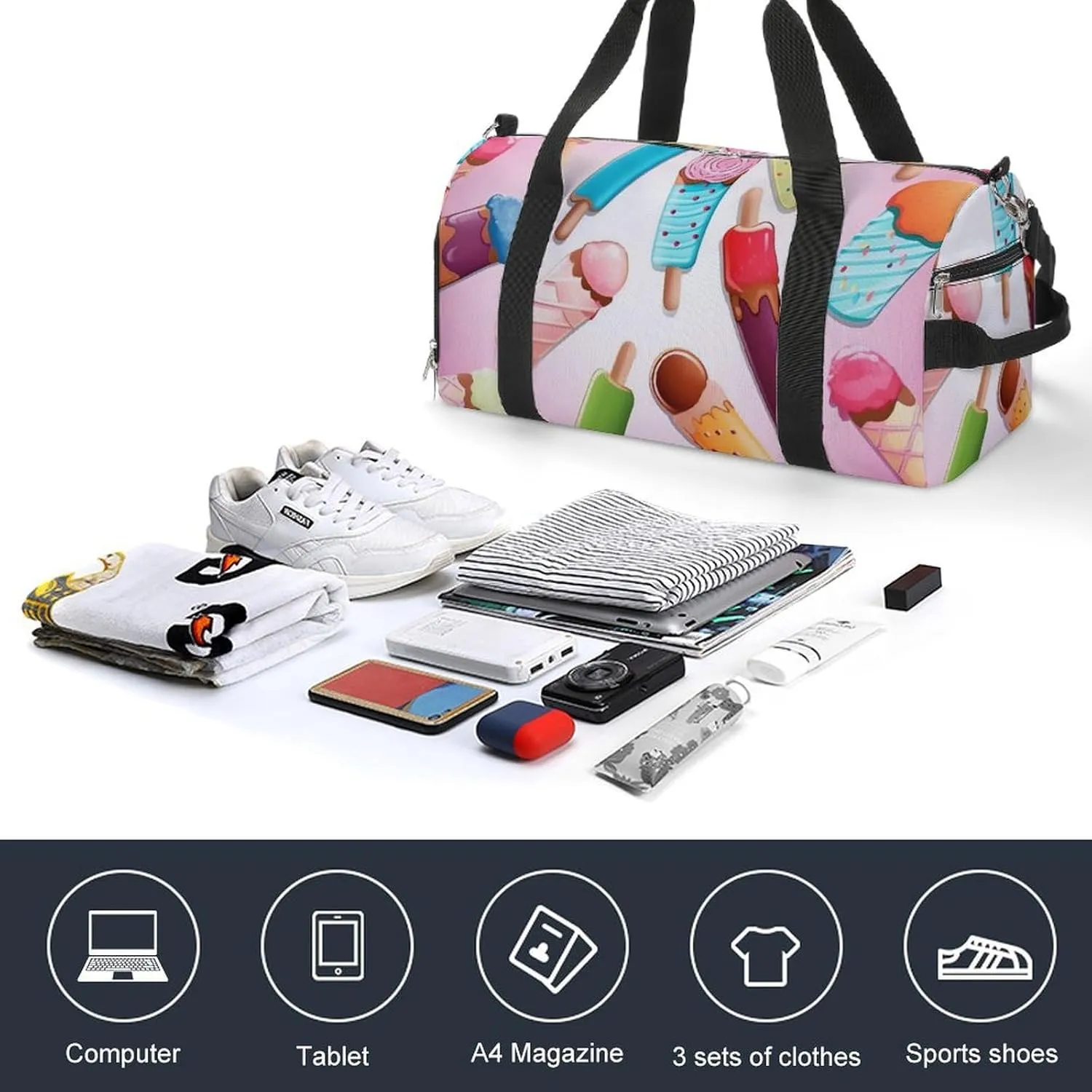 Gym Bags for Men Women Many Colored Ice Cream Duffle Bag Travel Overnight Bag with Shoe Compartment Tote Bags