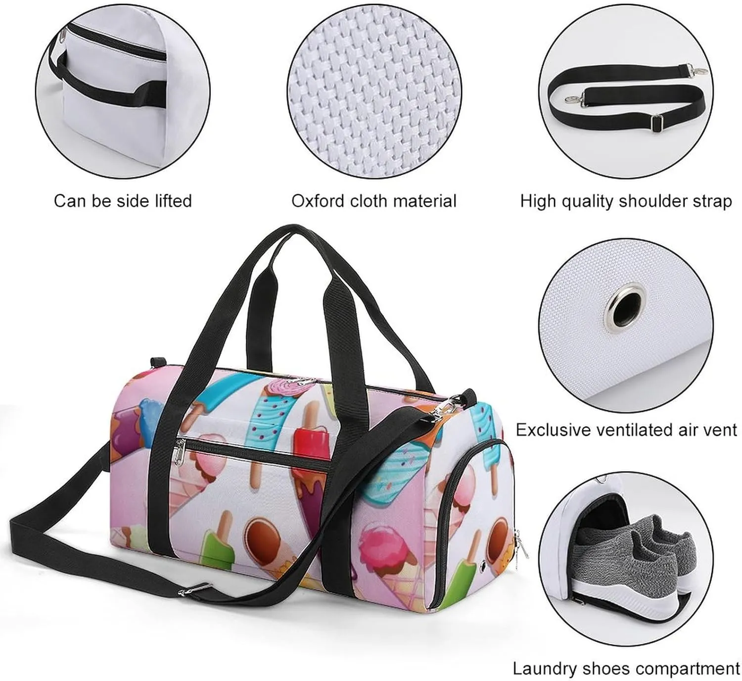 Gym Bags for Men Women Many Colored Ice Cream Duffle Bag Travel Overnight Bag with Shoe Compartment Tote Bags