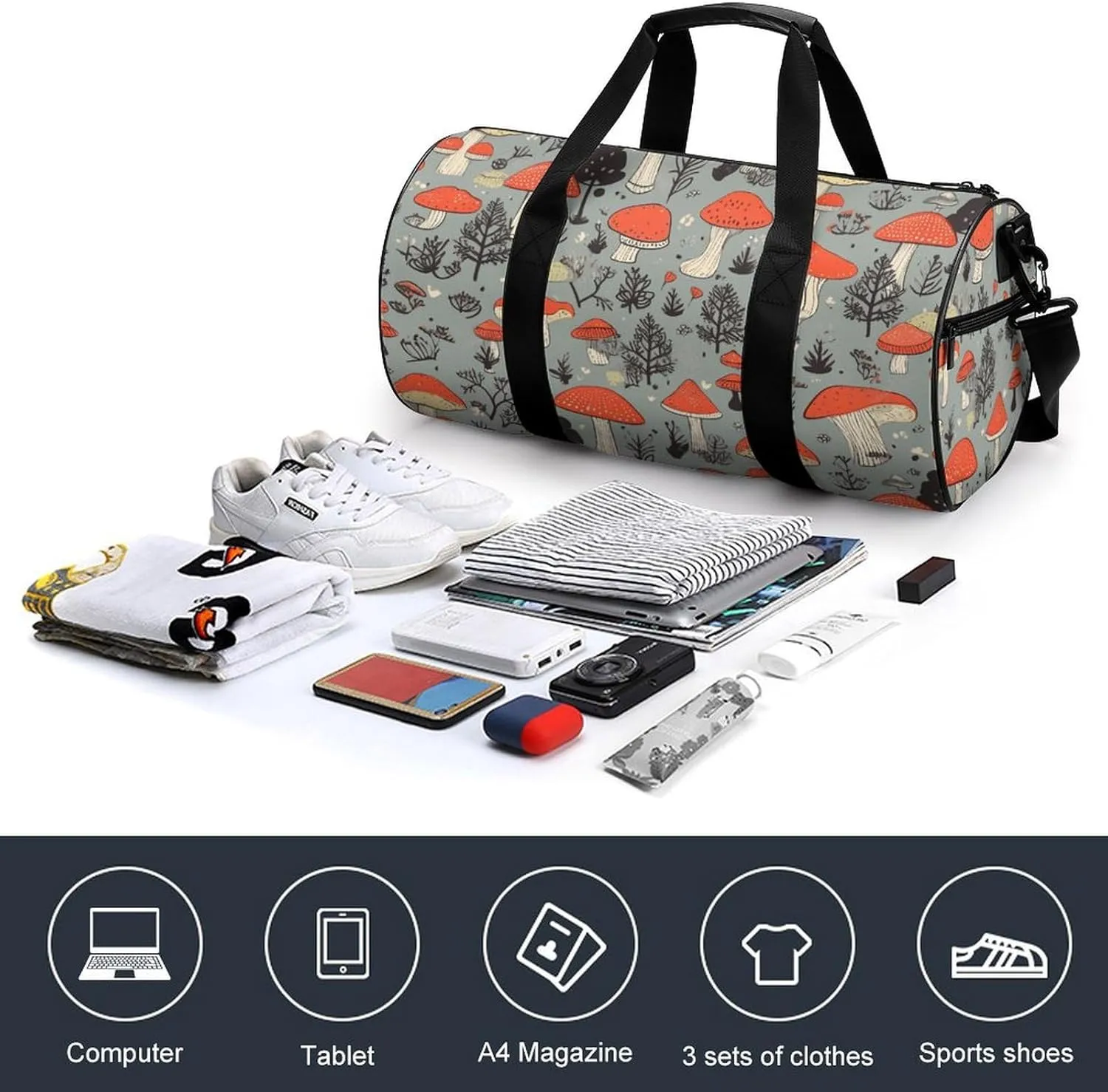 Gym Bags for Men Women Mushroom Duffle Bag Travel Overnight Bag with Shoe Compartment Tote Bags