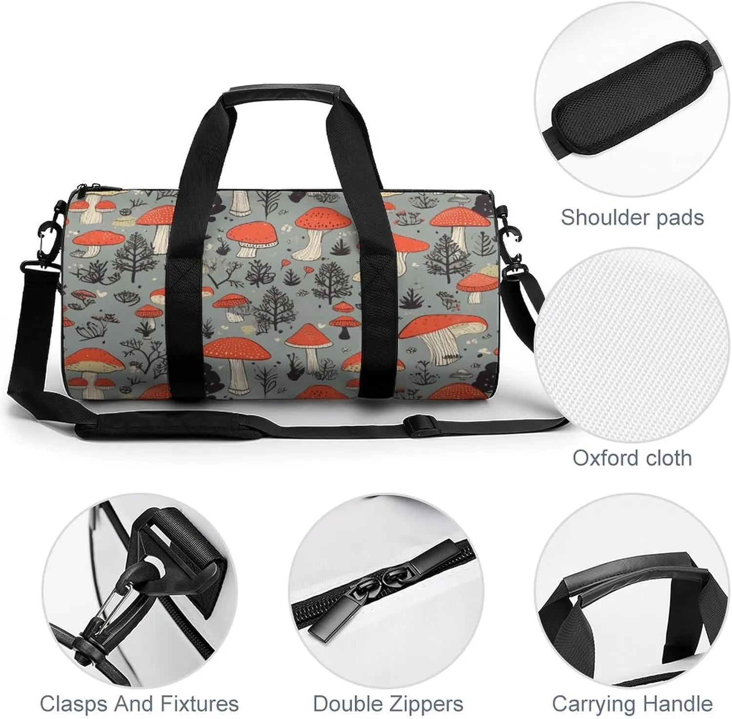 Gym Bags for Men Women Mushroom Duffle Bag Travel Overnight Bag with Shoe Compartment Tote Bags