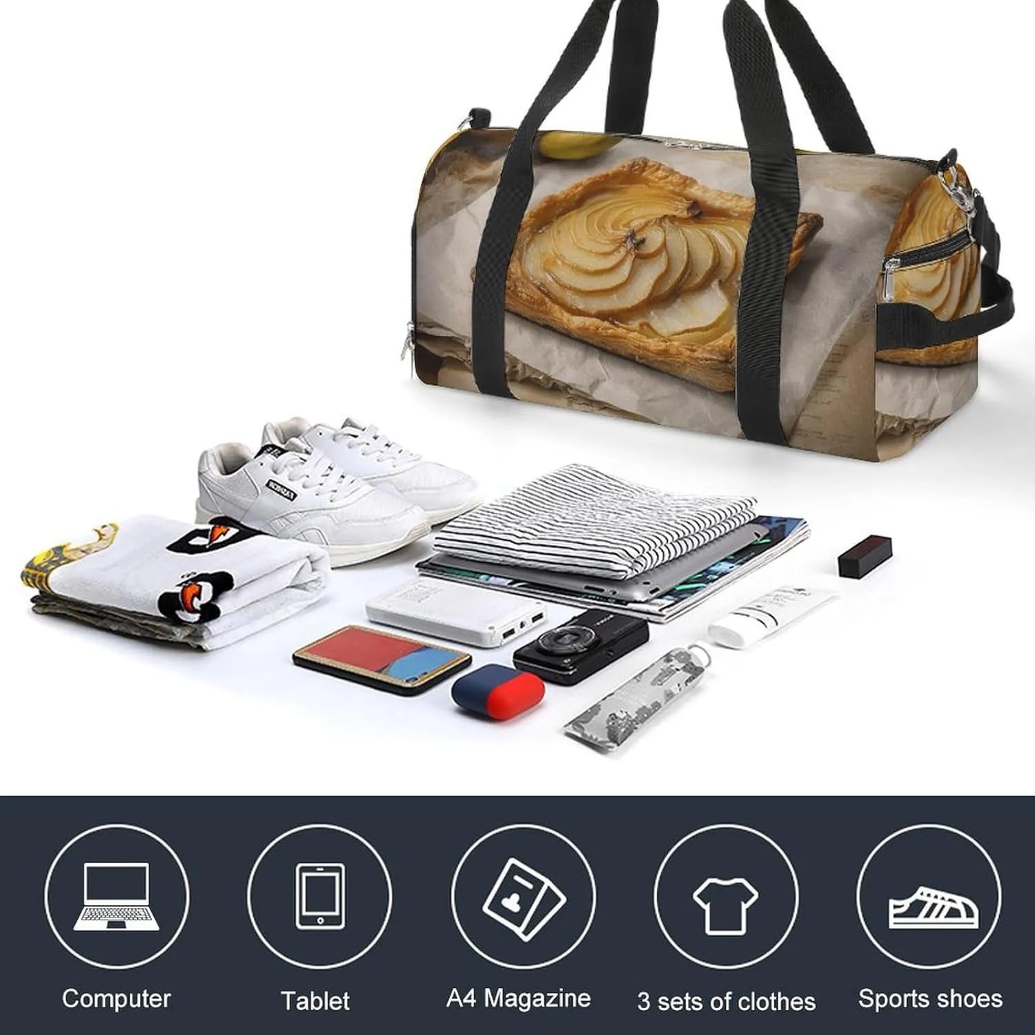 Gym Bags for Men Women Pear Pie on Paper Duffle Bag Travel Overnight Bag with Shoe Compartment Tote Bags