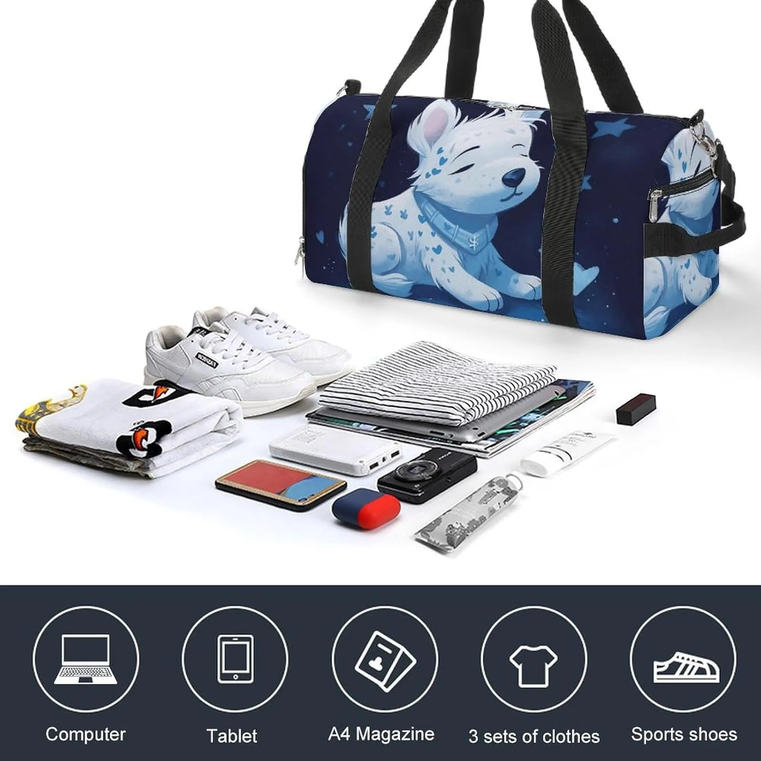 Gym Bags Small A White Dog Duffel Bag Overnight Bag with Shoe Compartment Carryon Bag for Men Women