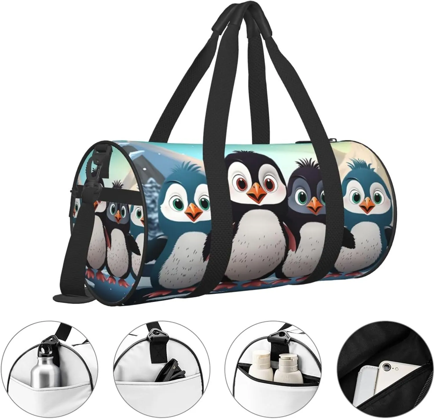 Gym Bags Small Five cute penguins Duffel Bag Overnight Bag with Shoe Compartment Carryon Bag for Men Women