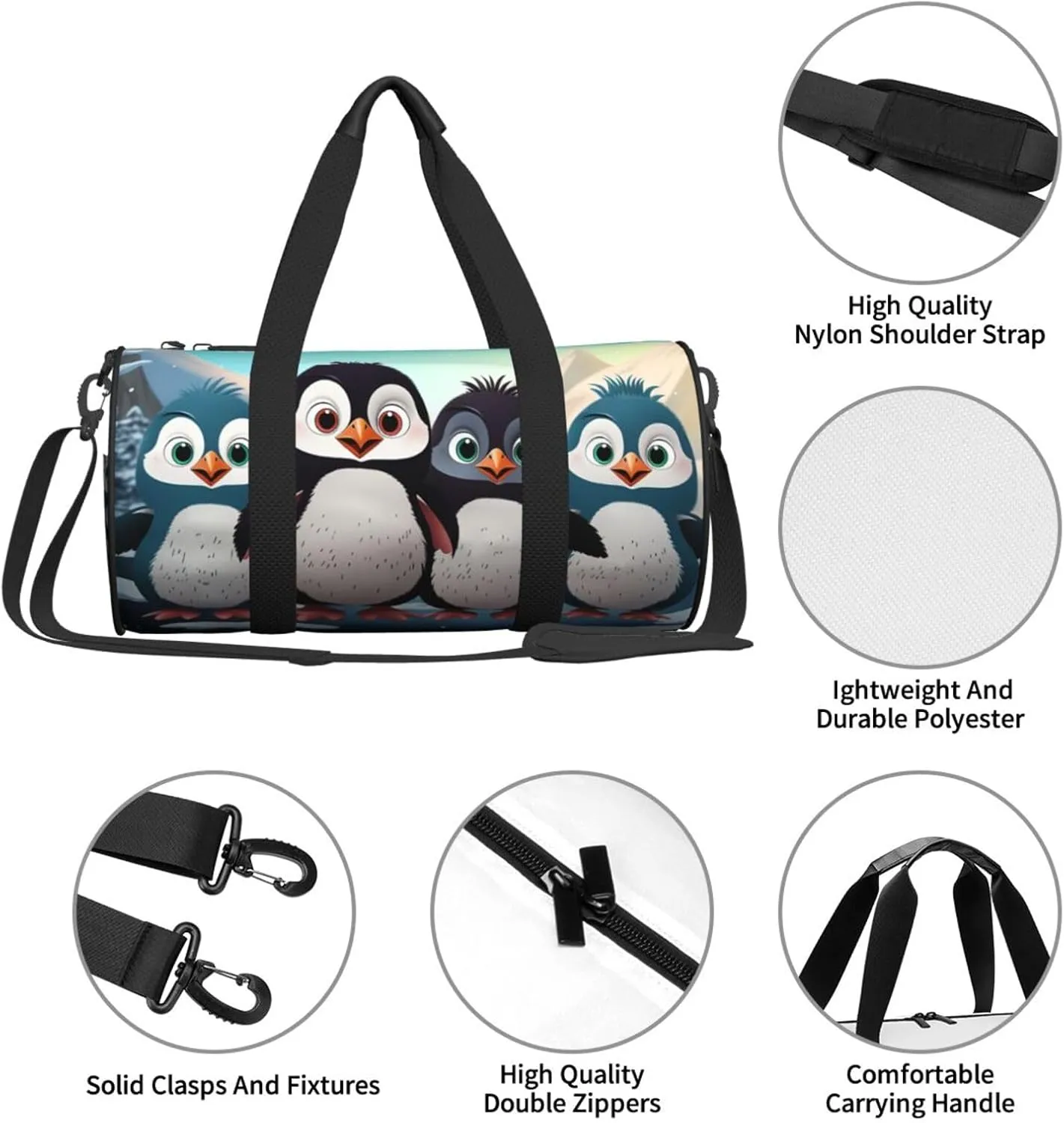 Gym Bags Small Five cute penguins Duffel Bag Overnight Bag with Shoe Compartment Carryon Bag for Men Women