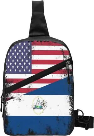 Half Nicaraguan Flag Design Vintage Nicaragua USA Crossbody Bag Portable Sling Bags Foldable Chest Daypack Reusable Sports Shoulder Backpack Diagonally Casual Rucksack Travel Bag