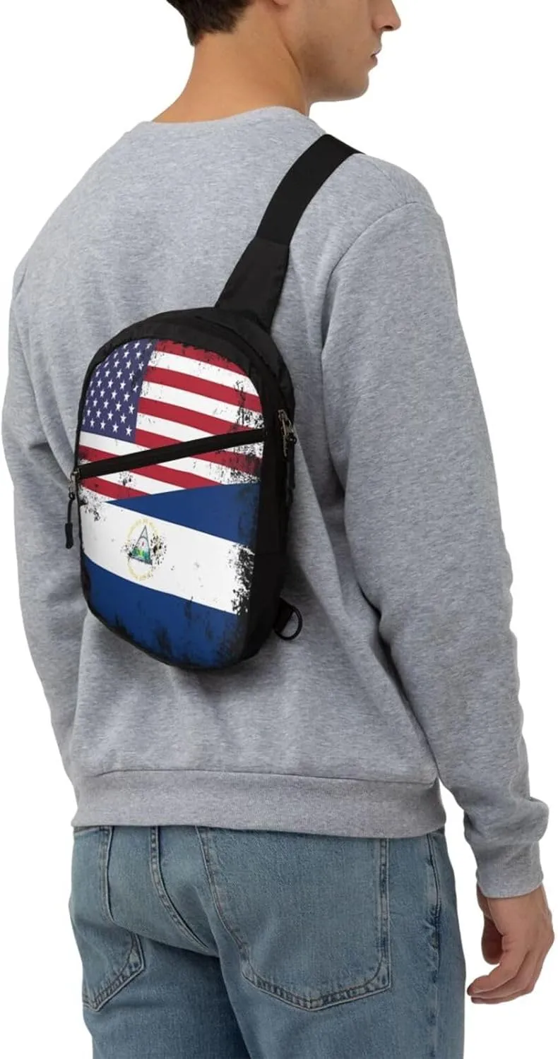 Half Nicaraguan Flag Design Vintage Nicaragua USA Crossbody Bag Portable Sling Bags Foldable Chest Daypack Reusable Sports Shoulder Backpack Diagonally Casual Rucksack Travel Bag