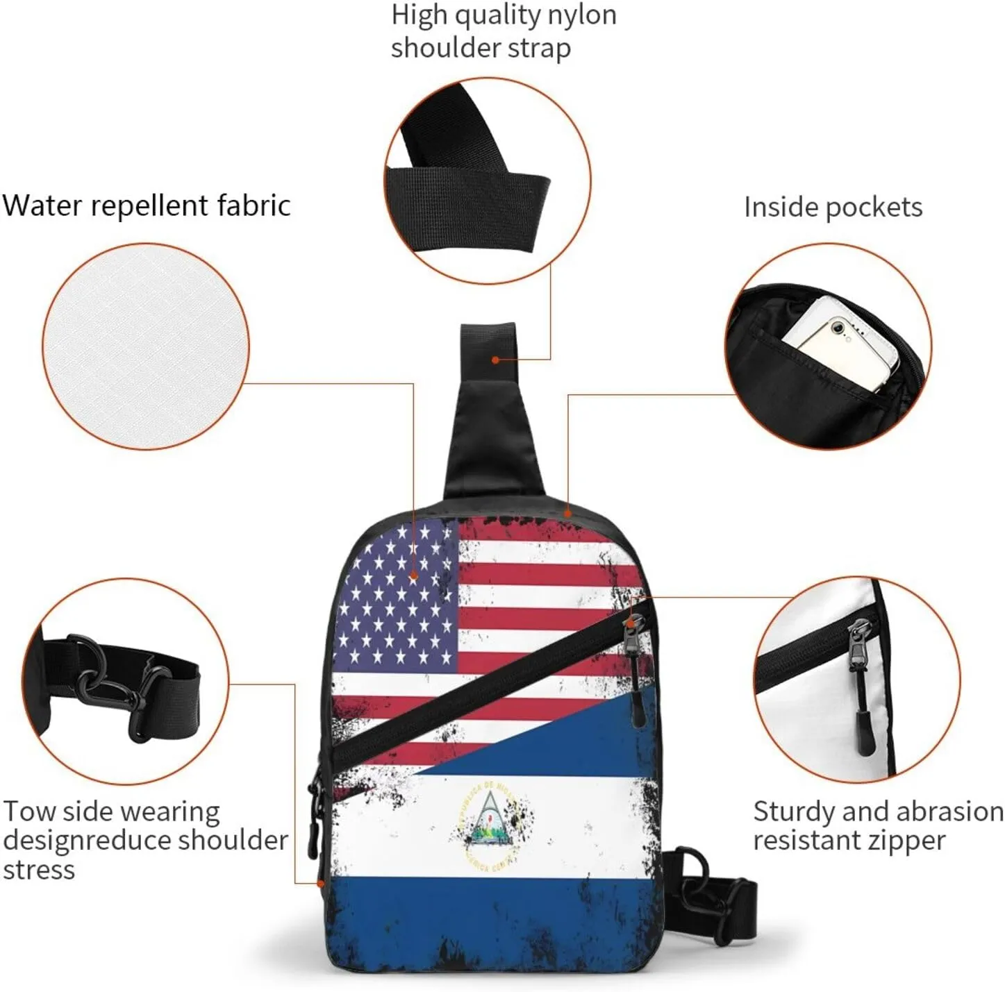 Half Nicaraguan Flag Design Vintage Nicaragua USA Crossbody Bag Portable Sling Bags Foldable Chest Daypack Reusable Sports Shoulder Backpack Diagonally Casual Rucksack Travel Bag