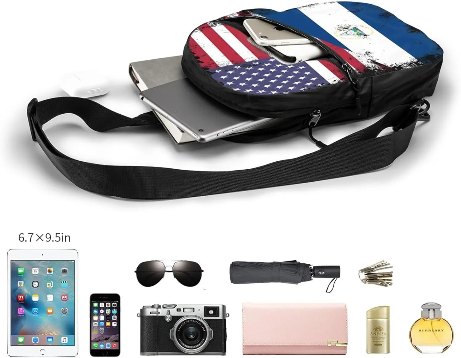 Half Nicaraguan Flag Design Vintage Nicaragua USA Crossbody Bag Portable Sling Bags Foldable Chest Daypack Reusable Sports Shoulder Backpack Diagonally Casual Rucksack Travel Bag
