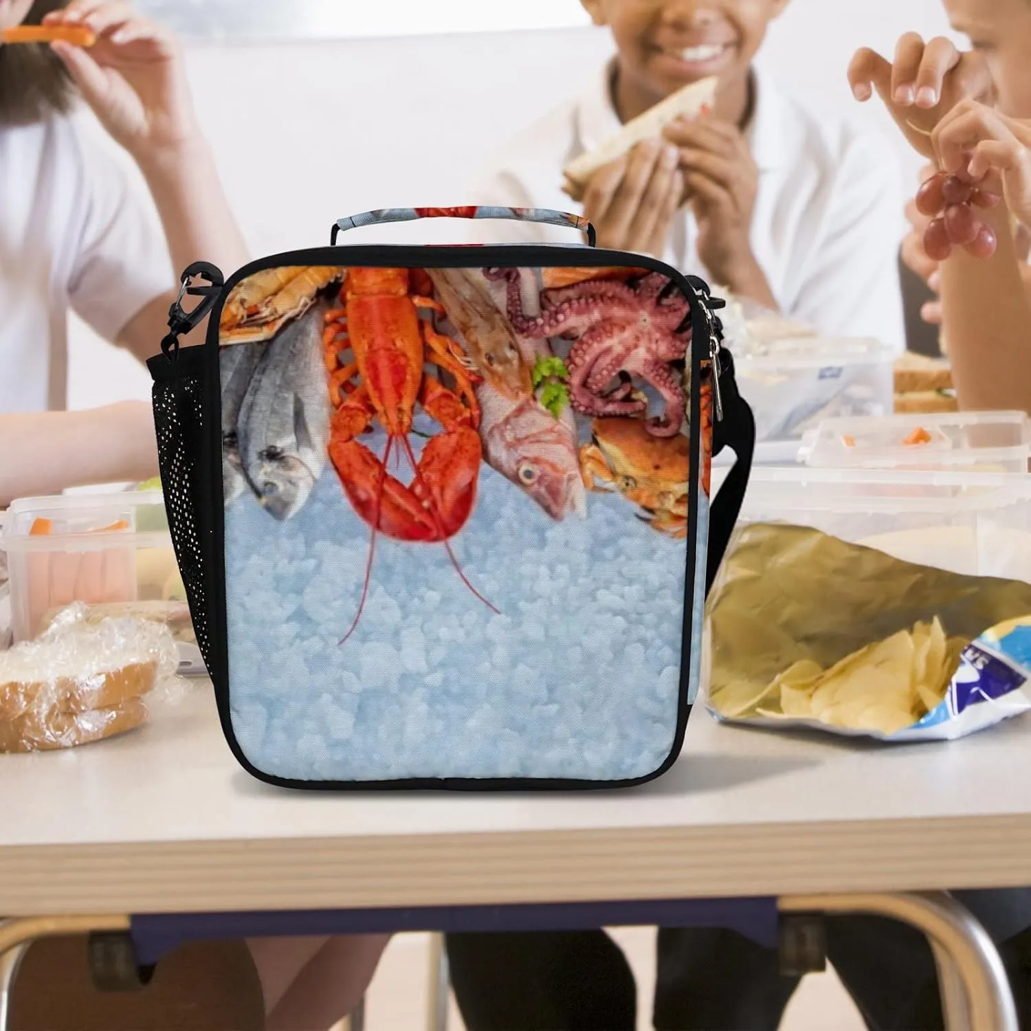 Hapuxt Lunch Box Lunch Bag with Adjustable Shoulder Strap Tote for Women Men Seafood Pattern Blue Insulated Waterproof Resable Zipper Outdoor Work Office Picnic