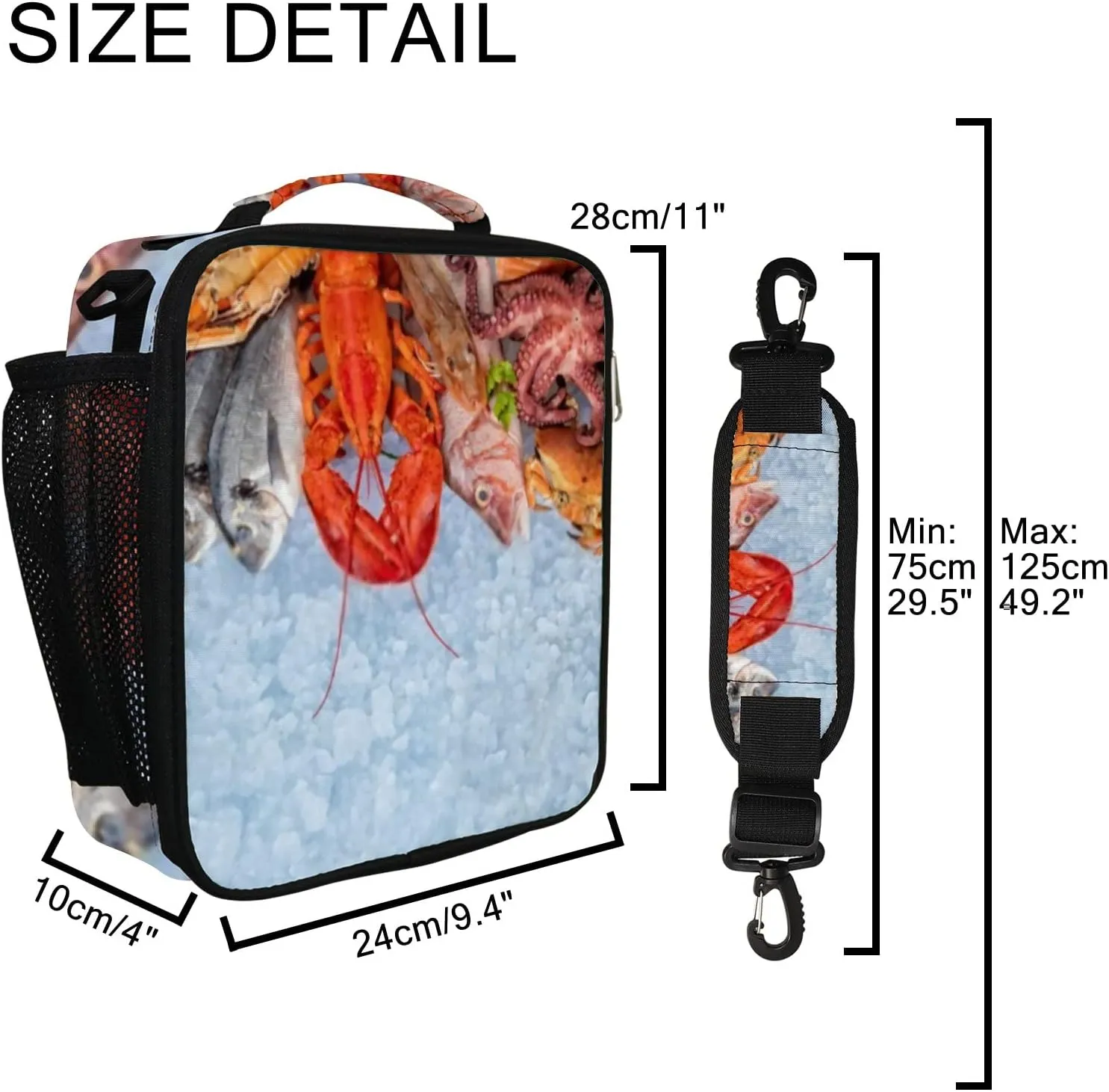 Hapuxt Lunch Box Lunch Bag with Adjustable Shoulder Strap Tote for Women Men Seafood Pattern Blue Insulated Waterproof Resable Zipper Outdoor Work Office Picnic