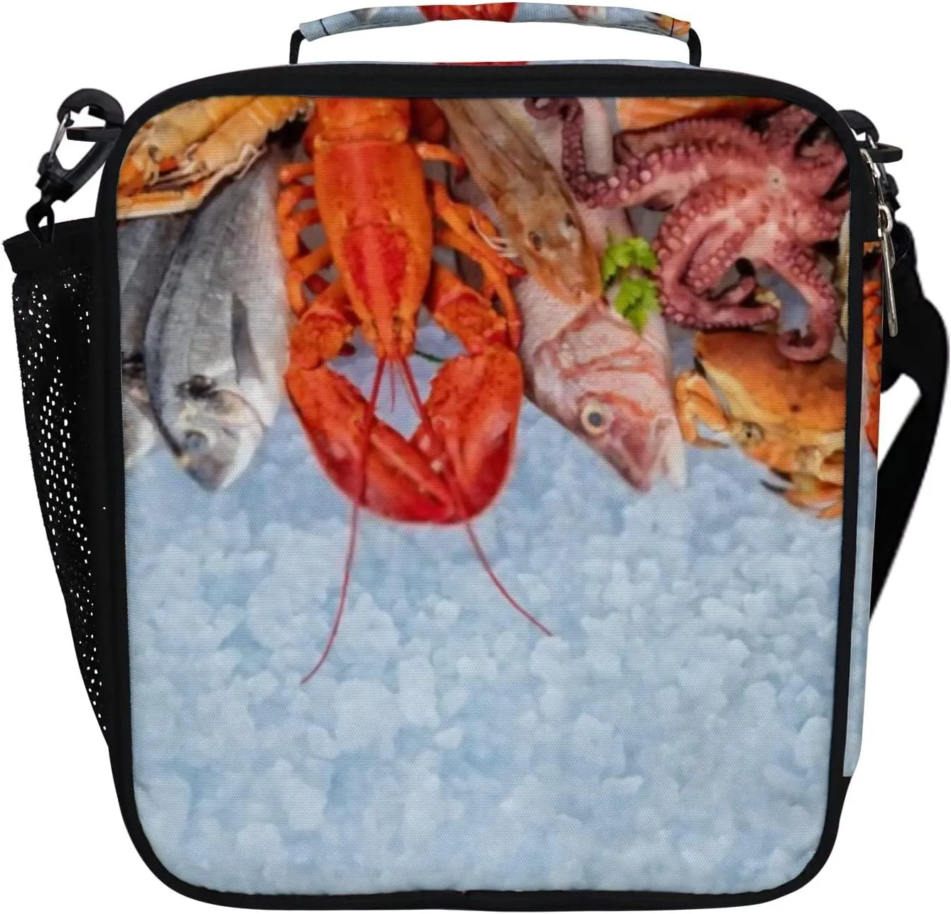 Hapuxt Lunch Box Lunch Bag with Adjustable Shoulder Strap Tote for Women Men Seafood Pattern Blue Insulated Waterproof Resable Zipper Outdoor Work Office Picnic