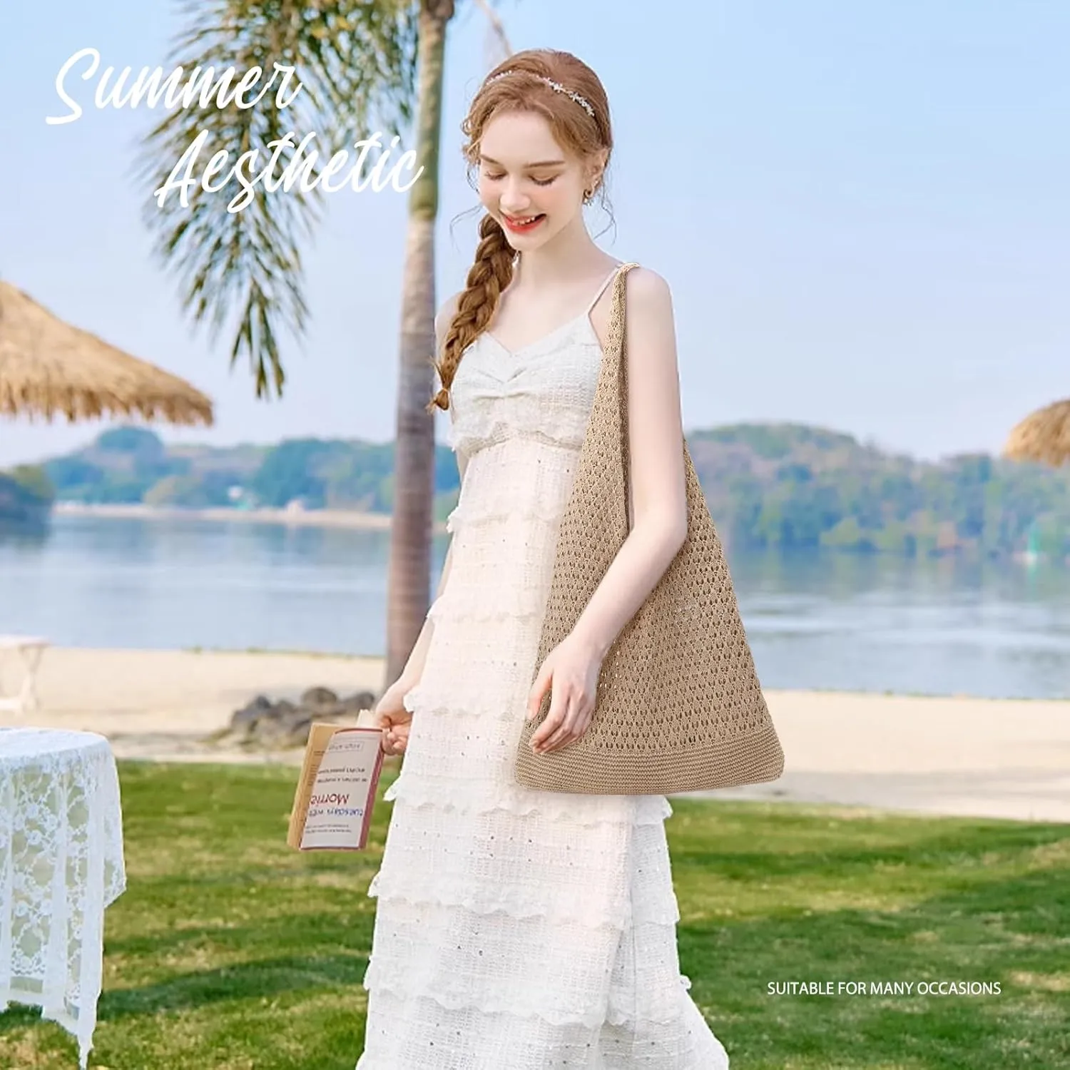 hatisan Crochet Bags for Women - Summer Beach Tote, Aesthetic Hippie Knit Bag