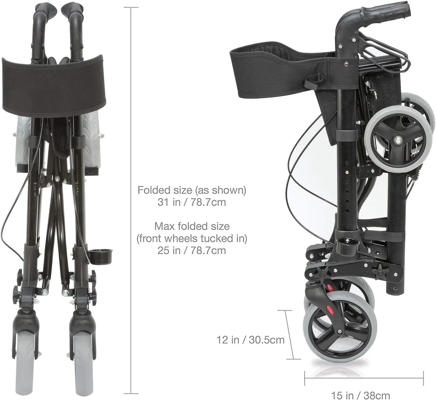 HealthSmart Walker Rollator With Seat And Backrest, Adjustable Handle Height, FSA HSA Eligible, Storage Bag And A Durable Lightweight Frame That Easily Folds While Supporting Up To 300 pounds, Black