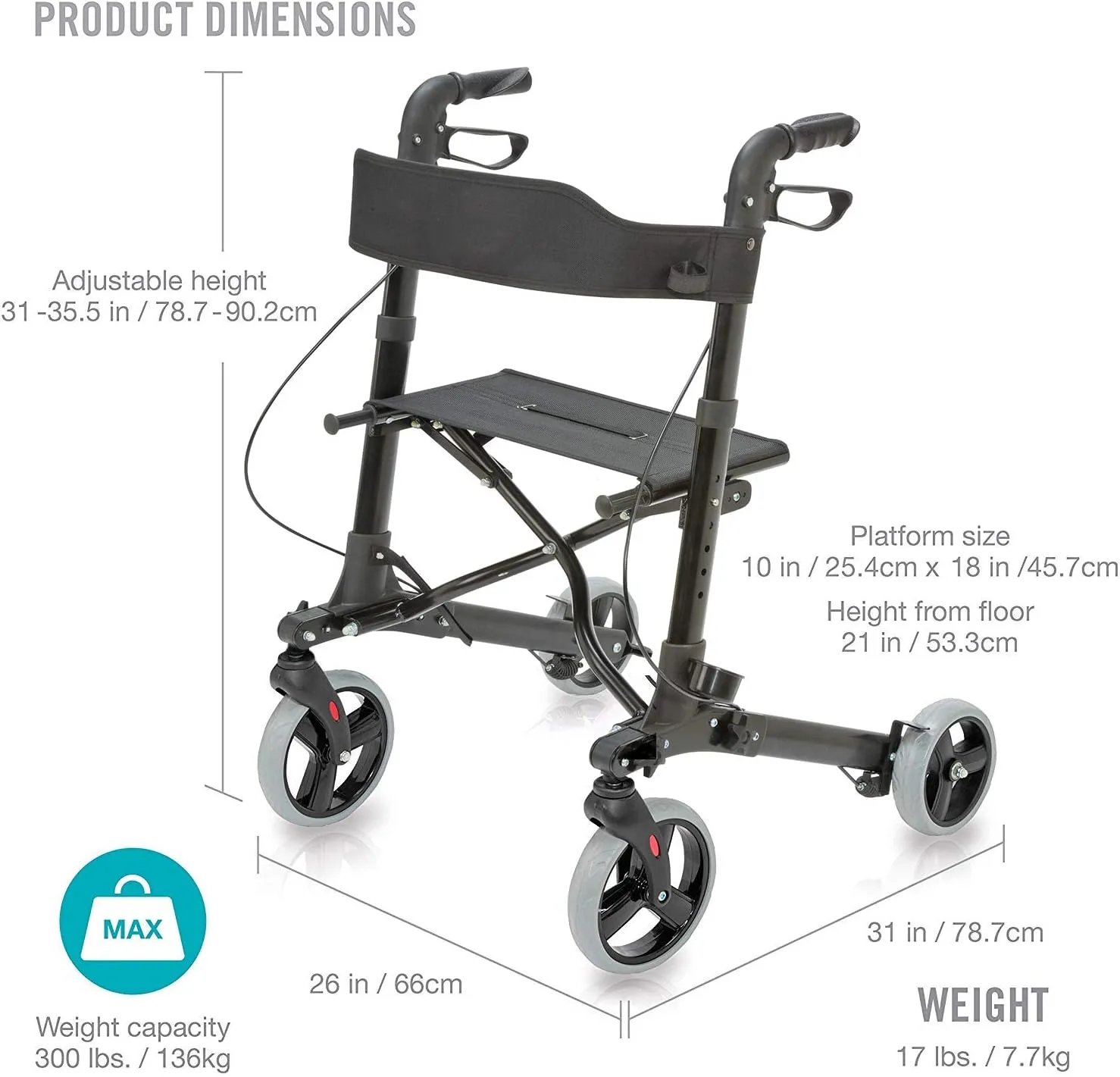 HealthSmart Walker Rollator With Seat And Backrest, Adjustable Handle Height, FSA HSA Eligible, Storage Bag And A Durable Lightweight Frame That Easily Folds While Supporting Up To 300 pounds, Black