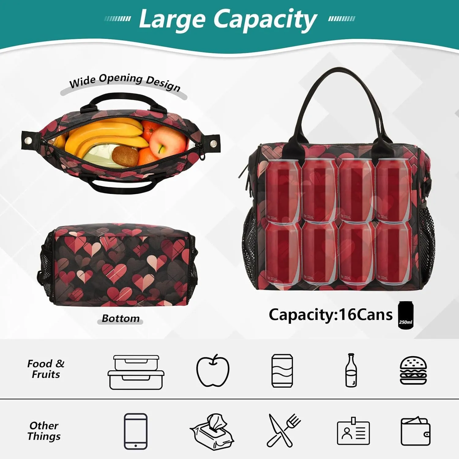 Hearts Line Creases Insulated Lunch Box for Men Large Lunch Bag for Women Cooler Tote Bag-M
