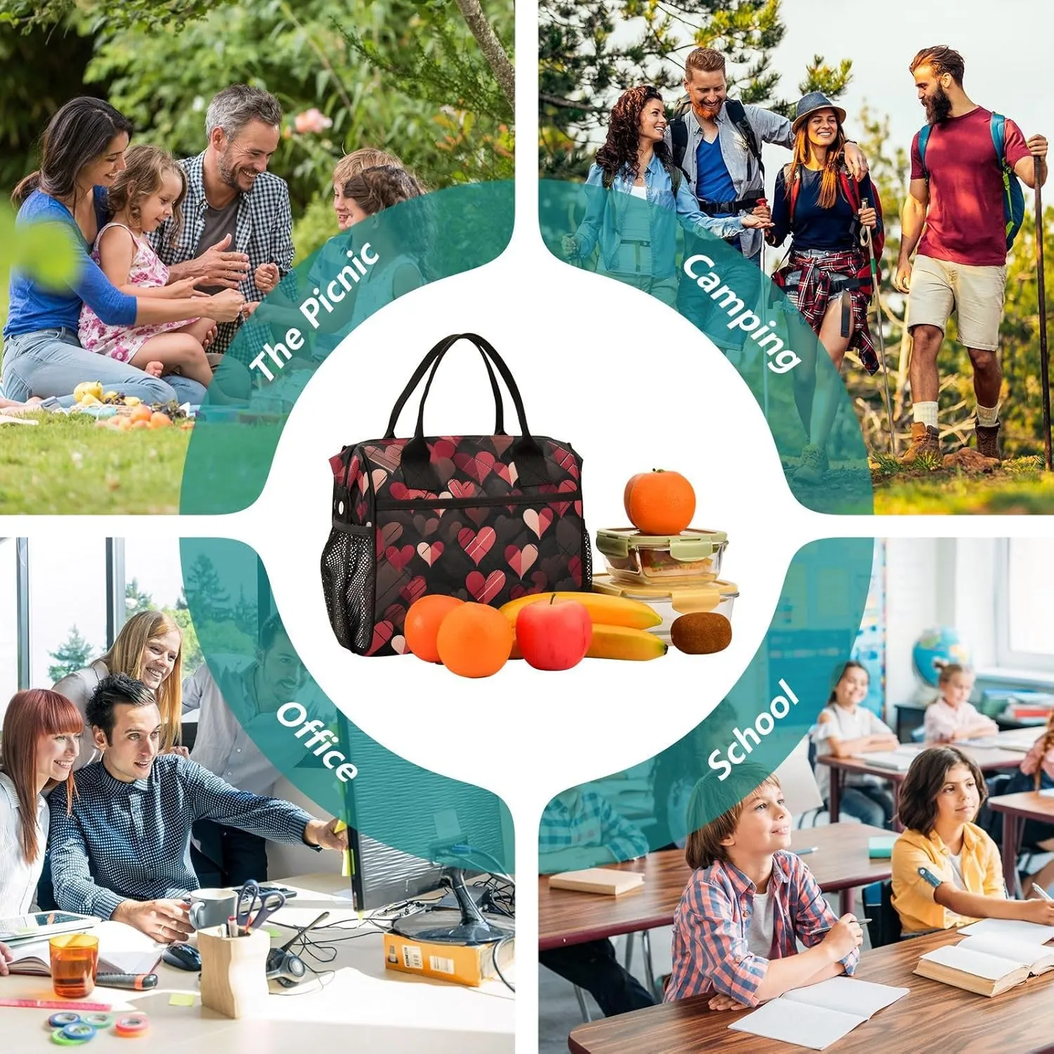 Hearts Line Creases Insulated Lunch Box for Men Large Lunch Bag for Women Cooler Tote Bag-M