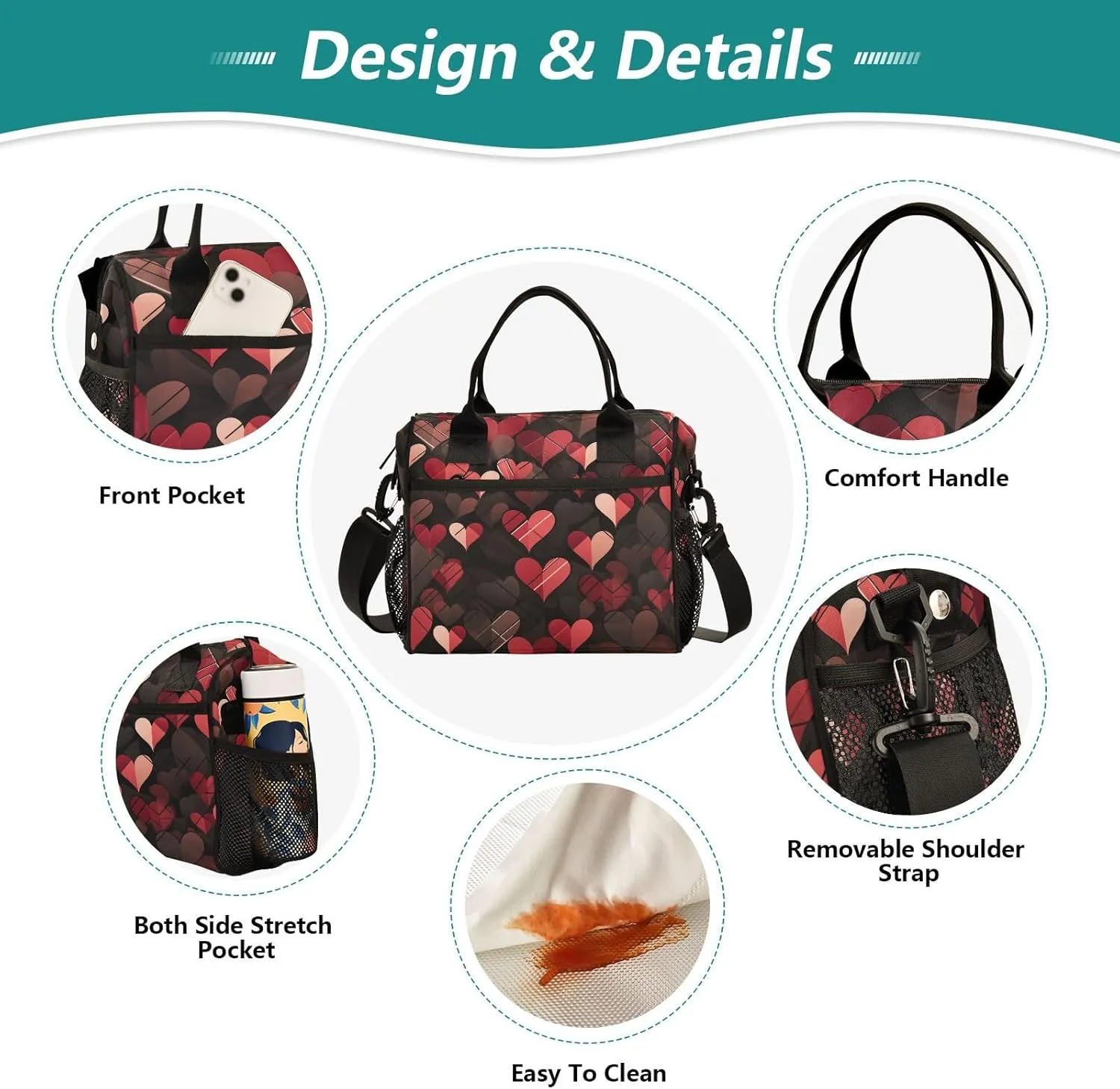 Hearts Line Creases Insulated Lunch Box for Men Large Lunch Bag for Women Cooler Tote Bag-M
