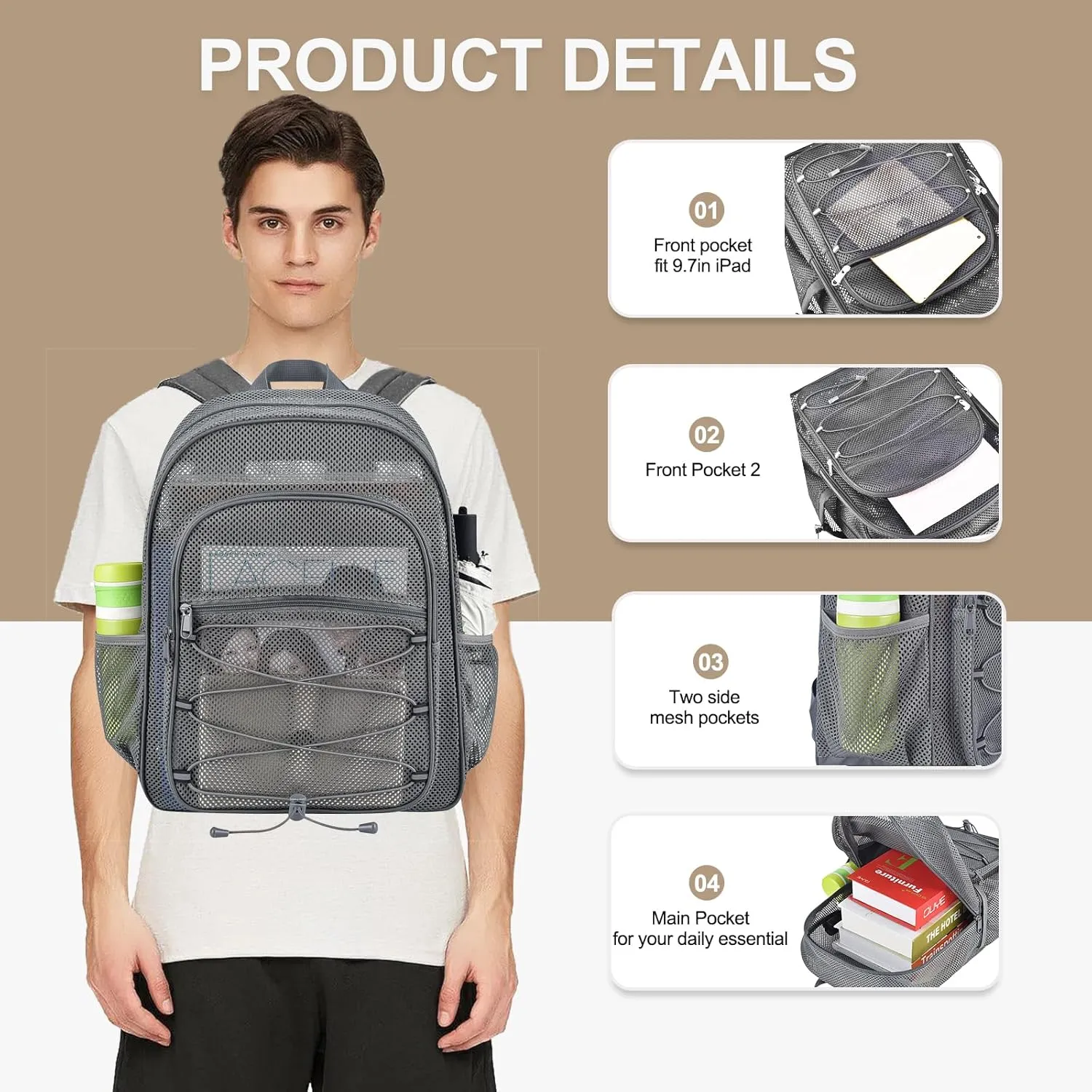 Heavy Duty Mesh Backpacks for Adults, Mesh School Booking Bags for Boys and Girls, See Through Backpack with Adjustable Straps, Mesh Bags for Swimming(Grey)