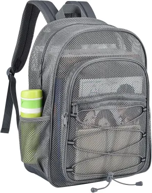 Heavy Duty Mesh Backpacks for Adults, Mesh School Booking Bags for Boys and Girls, See Through Backpack with Adjustable Straps, Mesh Bags for Swimming(Grey)