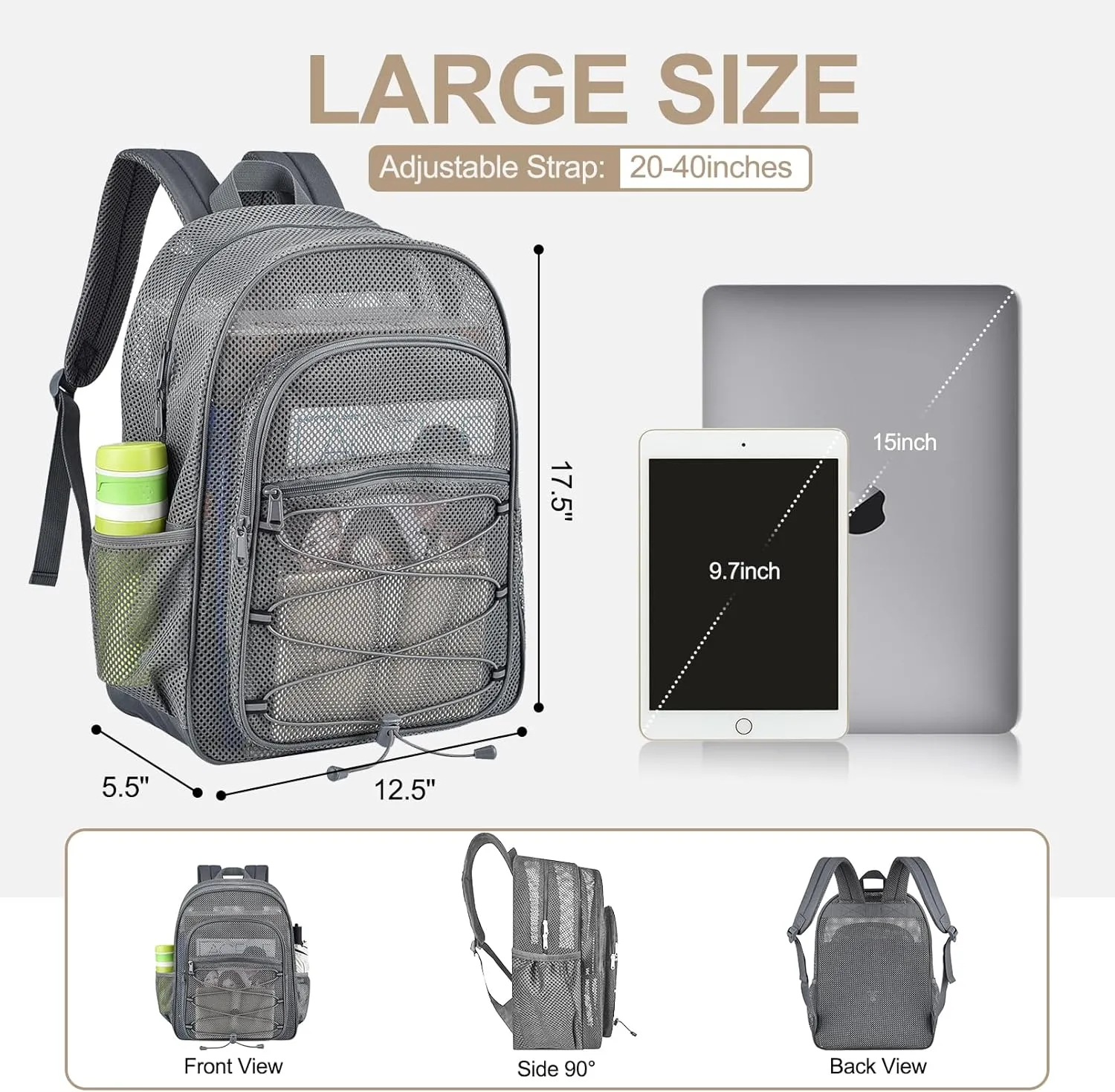 Heavy Duty Mesh Backpacks for Adults, Mesh School Booking Bags for Boys and Girls, See Through Backpack with Adjustable Straps, Mesh Bags for Swimming(Grey)