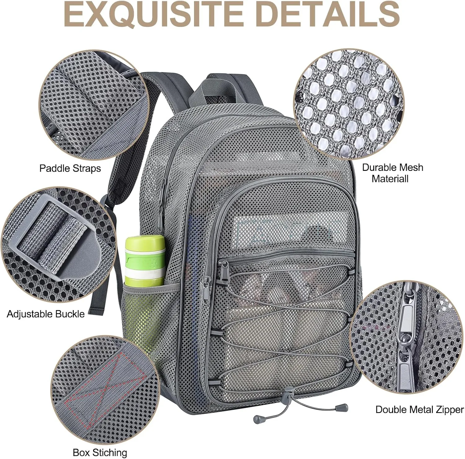 Heavy Duty Mesh Backpacks for Adults, Mesh School Booking Bags for Boys and Girls, See Through Backpack with Adjustable Straps, Mesh Bags for Swimming(Grey)