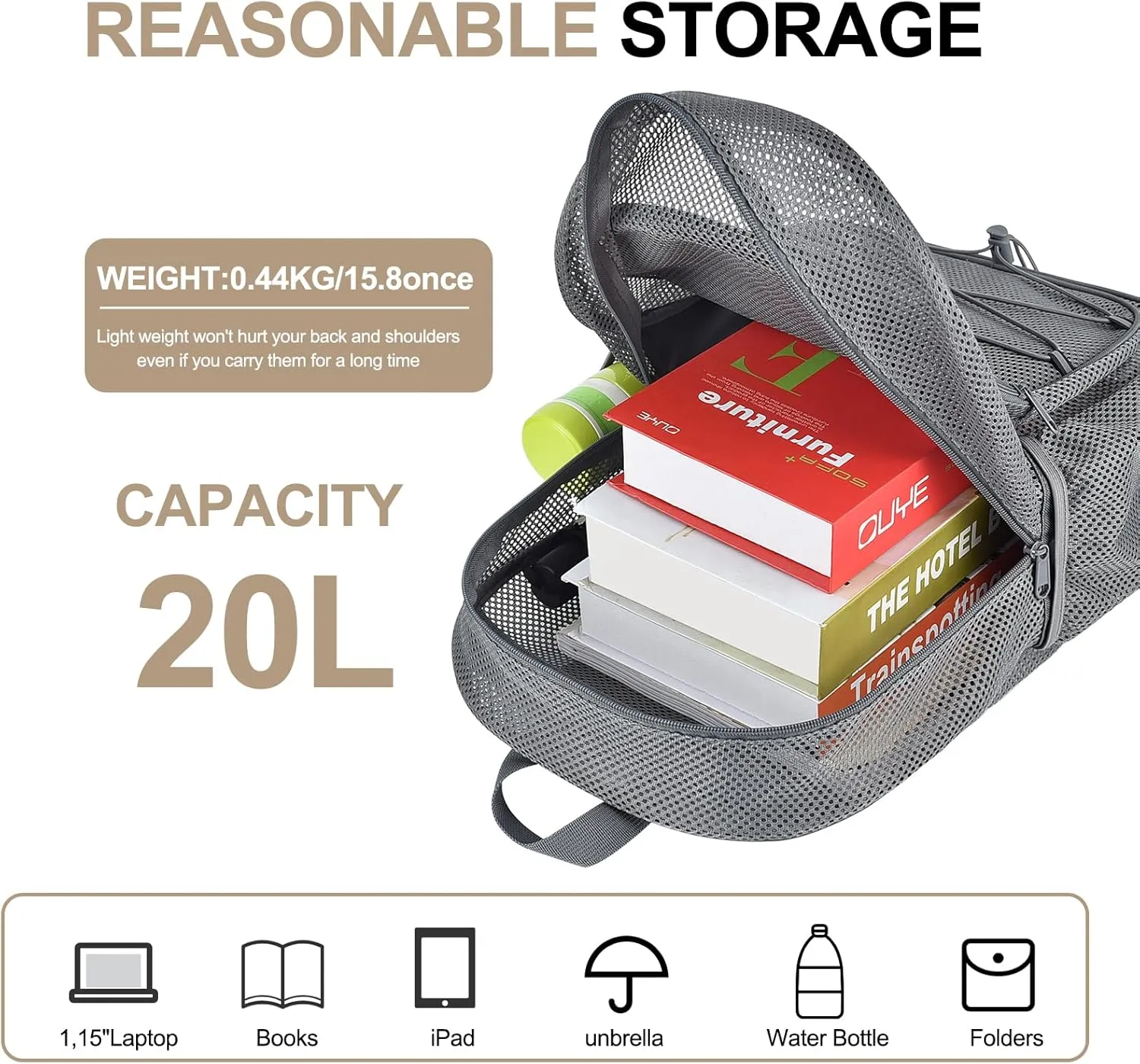 Heavy Duty Mesh Backpacks for Adults, Mesh School Booking Bags for Boys and Girls, See Through Backpack with Adjustable Straps, Mesh Bags for Swimming(Grey)