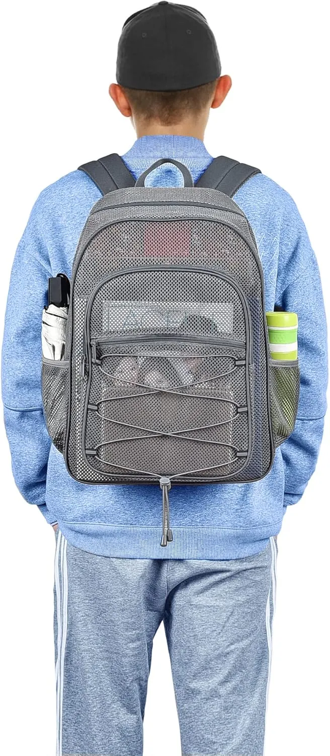 Heavy Duty Mesh Backpacks for Adults, Mesh School Booking Bags for Boys and Girls, See Through Backpack with Adjustable Straps, Mesh Bags for Swimming(Grey)