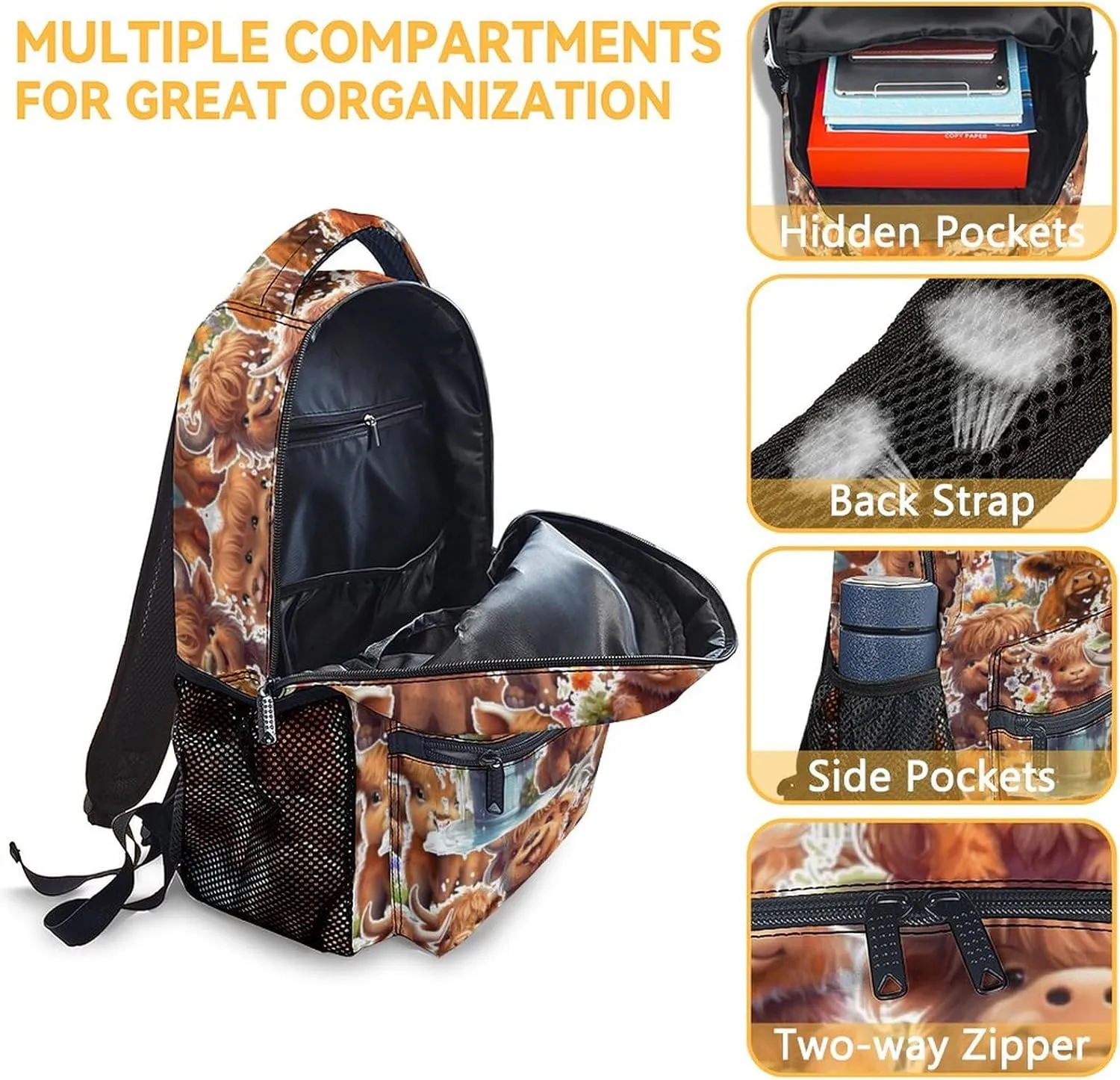 Highland Cow Backpack for Girls Boys, 16 Inch Brown Backpacks for School, Cute, Adjustable Straps, Durable, Lightweight, Large Capacity Bookbag for Kids