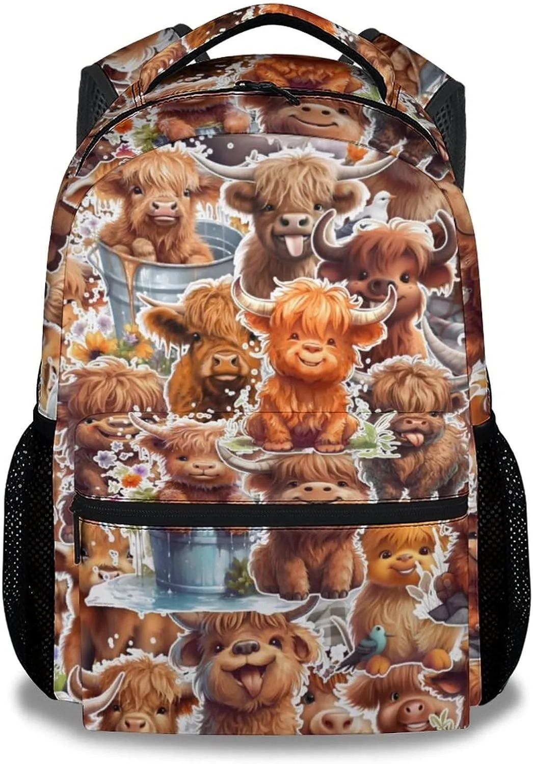Highland Cow Backpack for Girls Boys, 16 Inch Brown Backpacks for School, Cute, Adjustable Straps, Durable, Lightweight, Large Capacity Bookbag for Kids