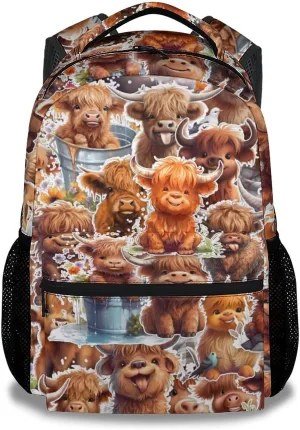 Highland Cow Backpack for Girls Boys, 16 Inch Brown Backpacks for School, Cute, Adjustable Straps, Durable, Lightweight, Large Capacity Bookbag for Kids