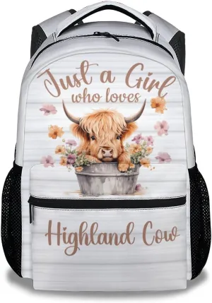 Highland Cow Backpack for Girls Boys, 16 Inch White Backpacks for School, Cute, Adjustable Straps, Durable, Lightweight, Large Capacity Bookbag for Kids