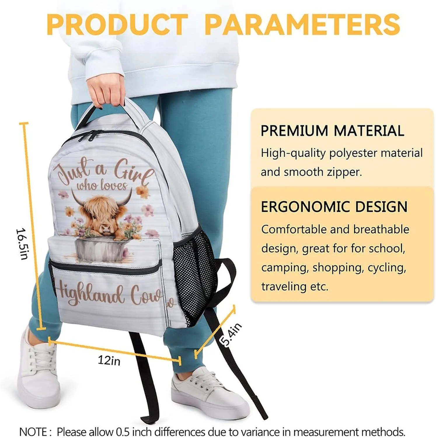 Highland Cow Backpack for Girls Boys, 16 Inch White Backpacks for School, Cute, Adjustable Straps, Durable, Lightweight, Large Capacity Bookbag for Kids