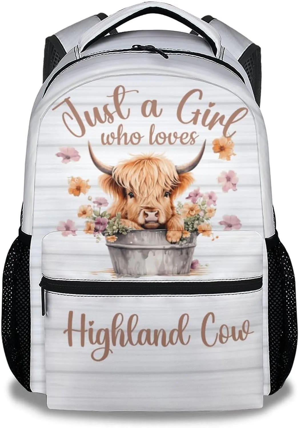 Highland Cow Backpack for Girls Boys, 16 Inch White Backpacks for School, Cute, Adjustable Straps, Durable, Lightweight, Large Capacity Bookbag for Kids