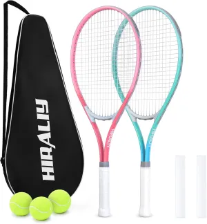 HIRALIY 27" Tennis Rackets Set for Adults, 2 Player Pre-Strung Tennis Racquets, 2 Overgrip Tapes,3 Balls, and 4 Carrying Bag, Outdoor Recreational Sport for Beginner, Men, Women