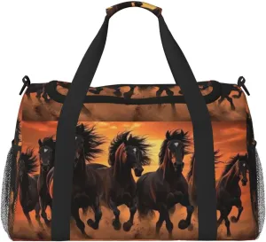 Horses Red Glowing Clouds Travel Duffel Bag Tote Bag Sports Gym Bag For Women And Men