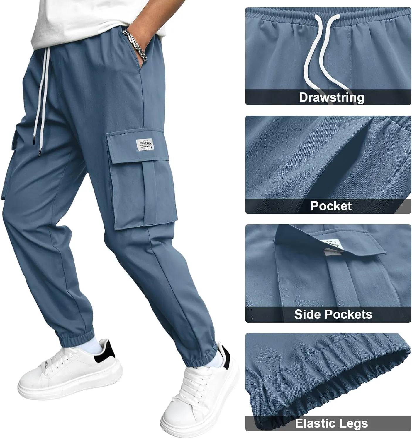 HOTake Men's Casual Cargo Pants Elastic Waist Drawstring Tapered Pants for Men Joggers Hiking Pants with Multi Pockets
