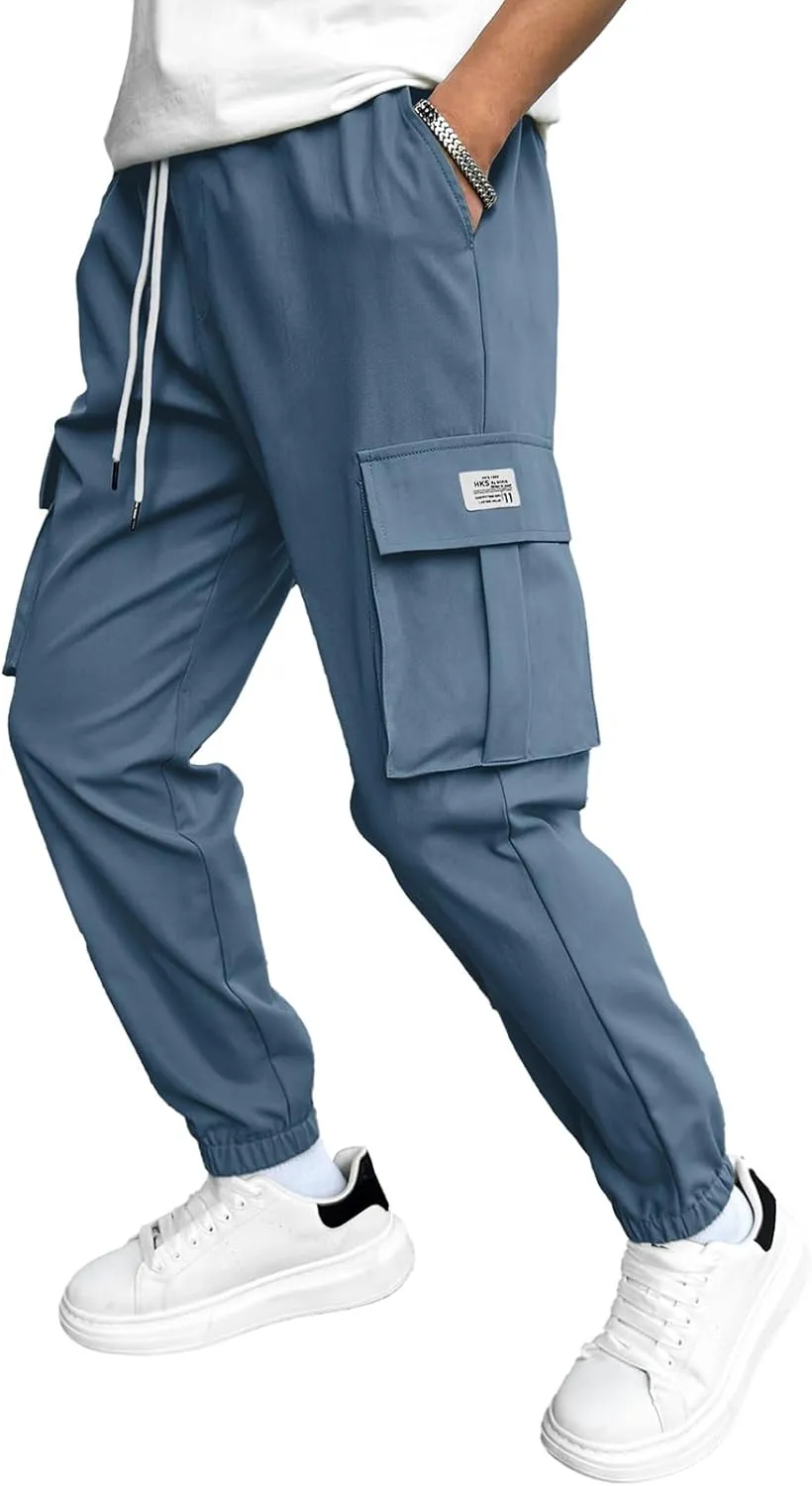 HOTake Men's Casual Cargo Pants Elastic Waist Drawstring Tapered Pants for Men Joggers Hiking Pants with Multi Pockets