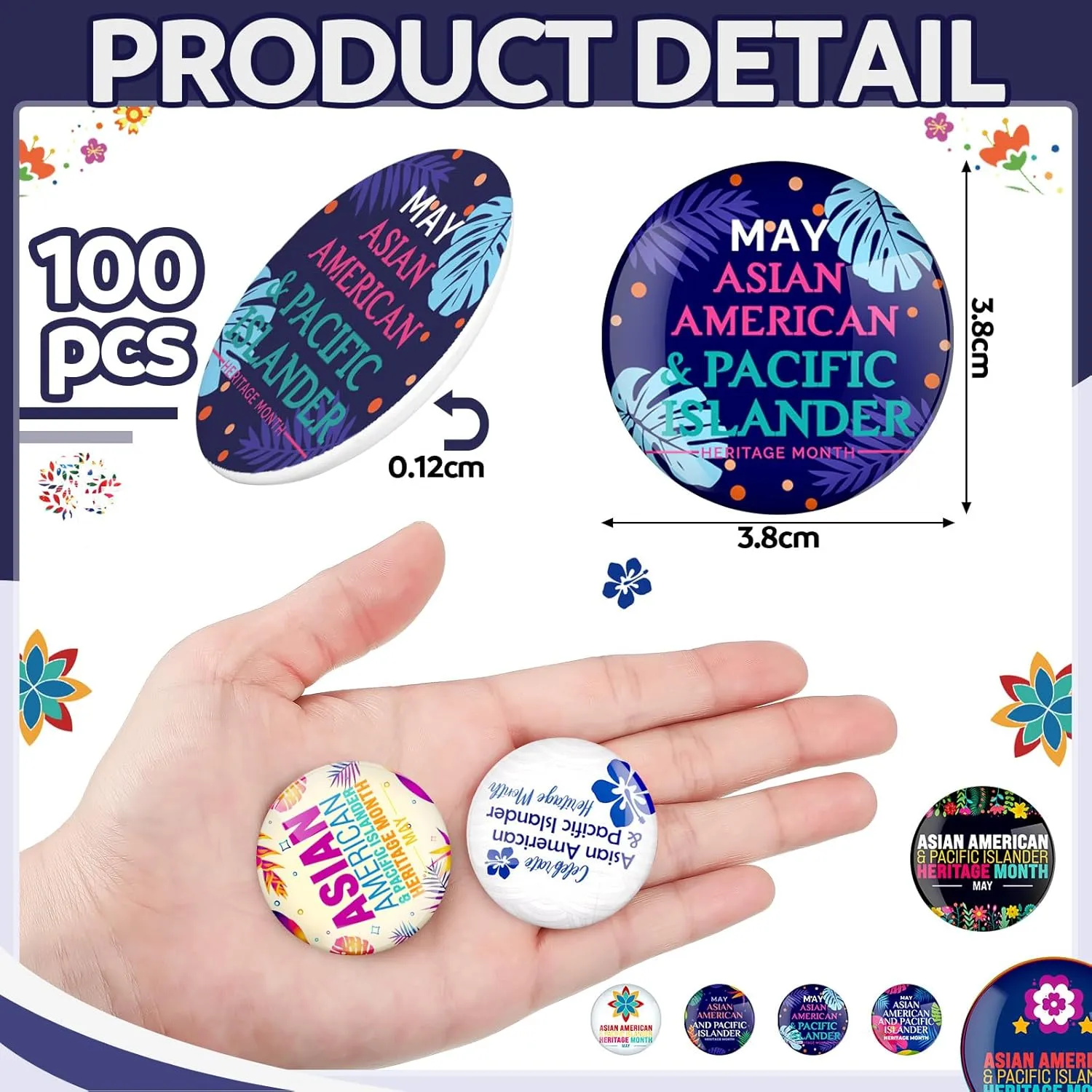 Hotop 100 Pcs Asian American and Pacific Islander Heritage Month Pins Bulk 1.5 Inch Round Button Badges for Backpacks Asian American and Pacific Islander Heritage Month Button Brooches Gifts
