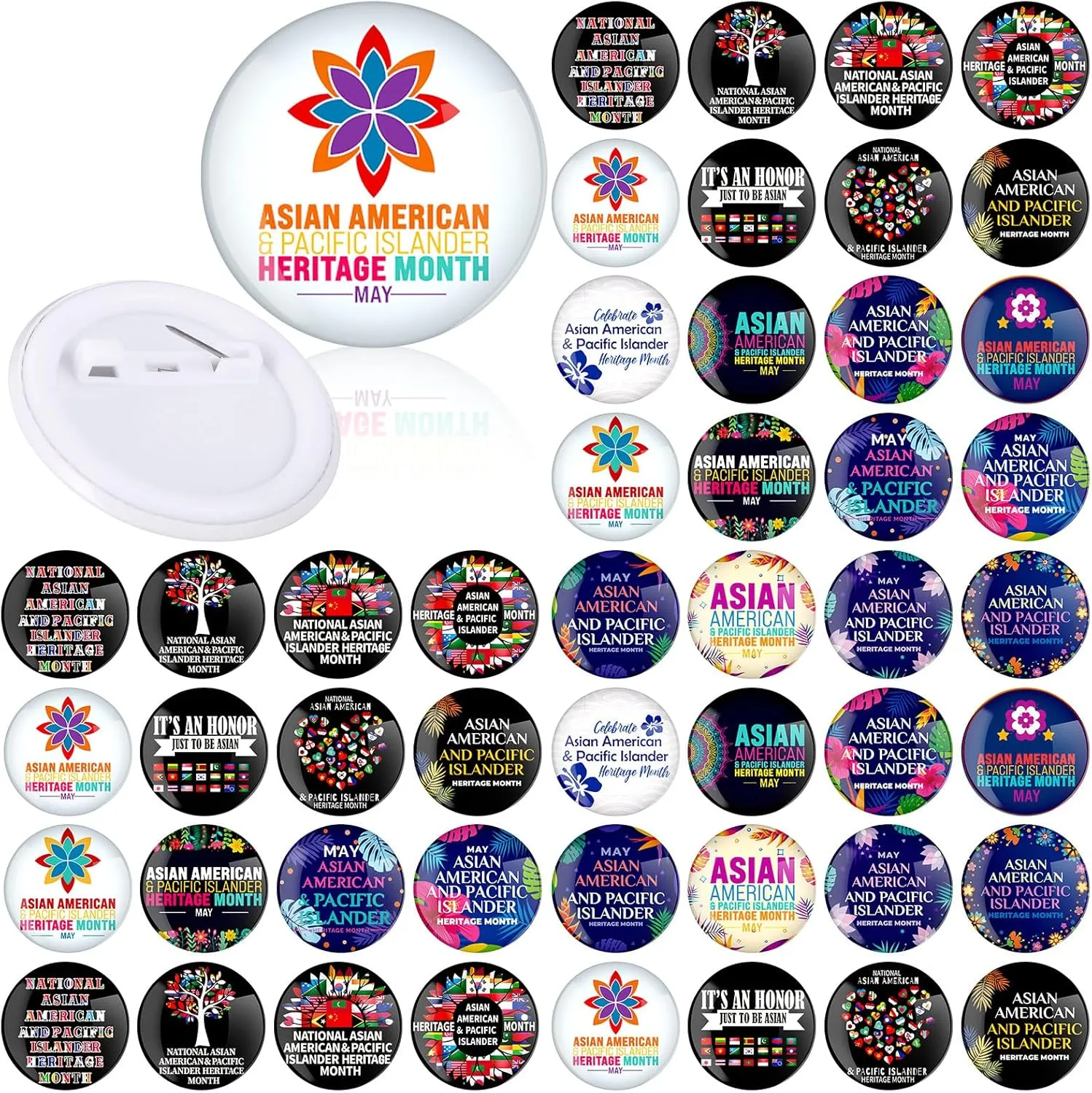 Hotop 100 Pcs Asian American and Pacific Islander Heritage Month Pins Bulk 1.5 Inch Round Button Badges for Backpacks Asian American and Pacific Islander Heritage Month Button Brooches Gifts