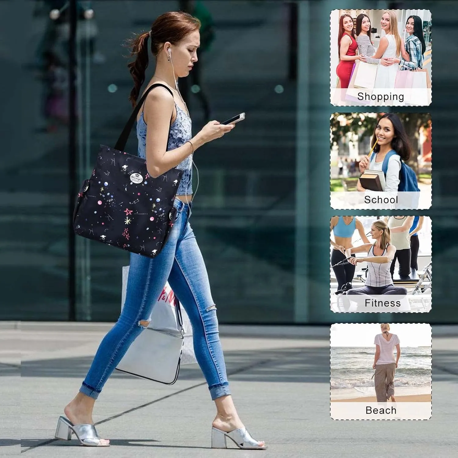HUA ANGEL Floral Tote Bag - Casual Shoulder Bag Daily Tote Bag with Zipper Gym Travel Shopping Work Handbag for Women
