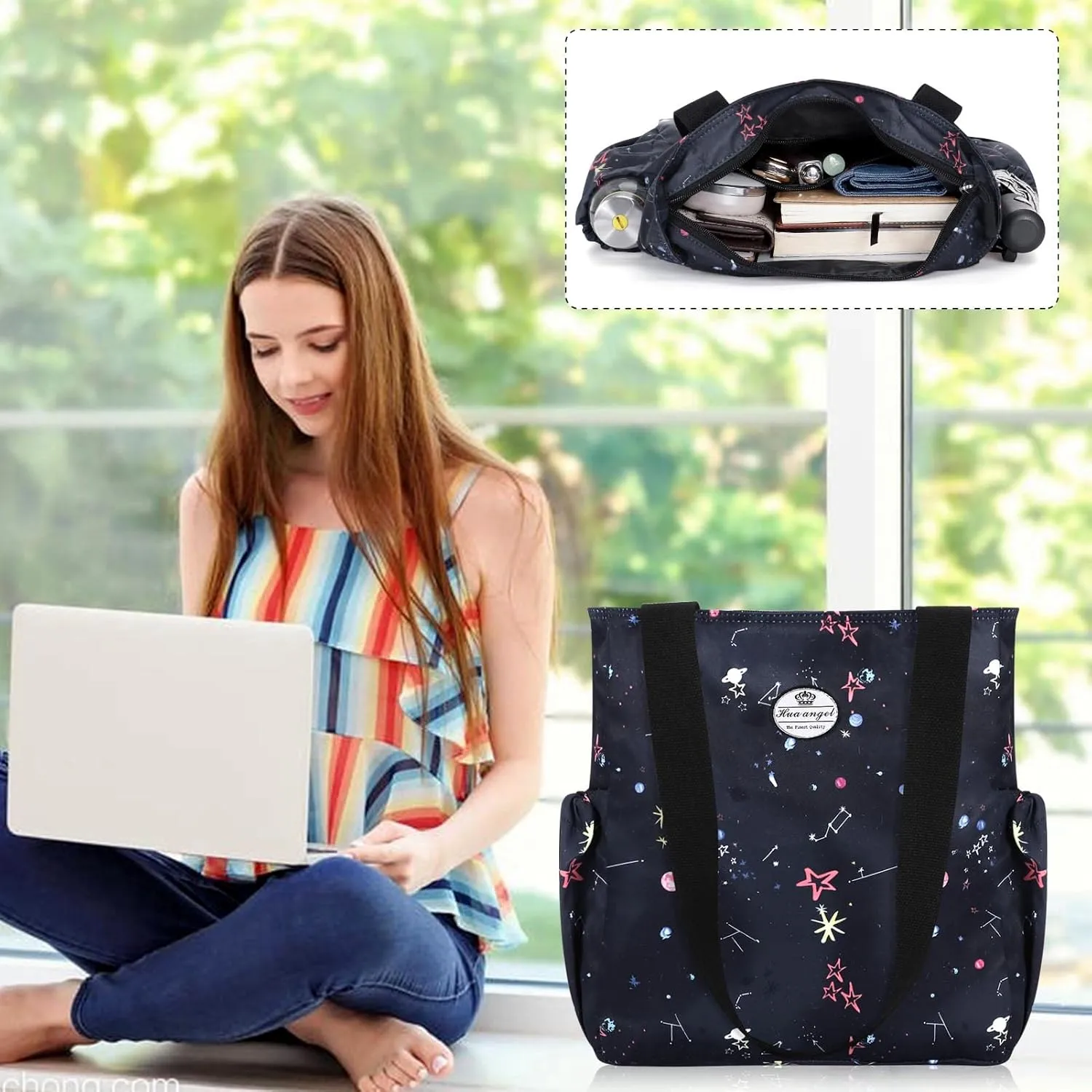HUA ANGEL Floral Tote Bag - Casual Shoulder Bag Daily Tote Bag with Zipper Gym Travel Shopping Work Handbag for Women