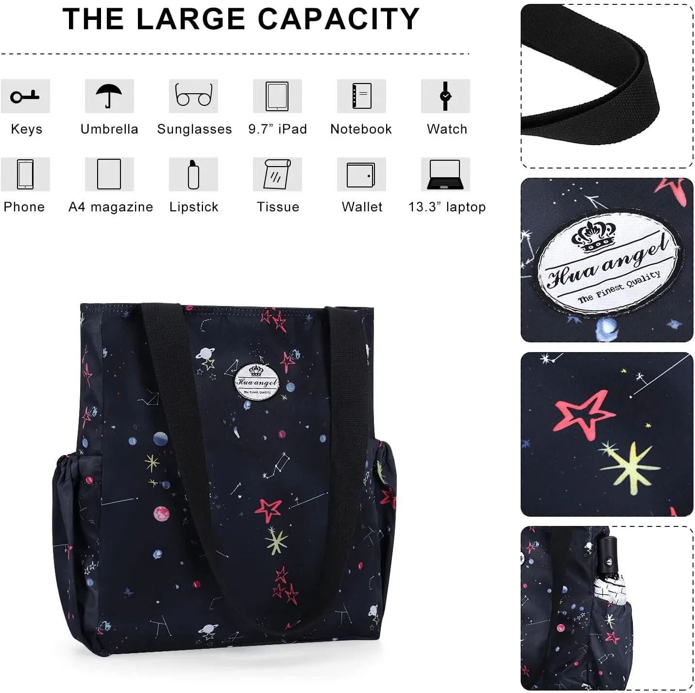 HUA ANGEL Floral Tote Bag - Casual Shoulder Bag Daily Tote Bag with Zipper Gym Travel Shopping Work Handbag for Women
